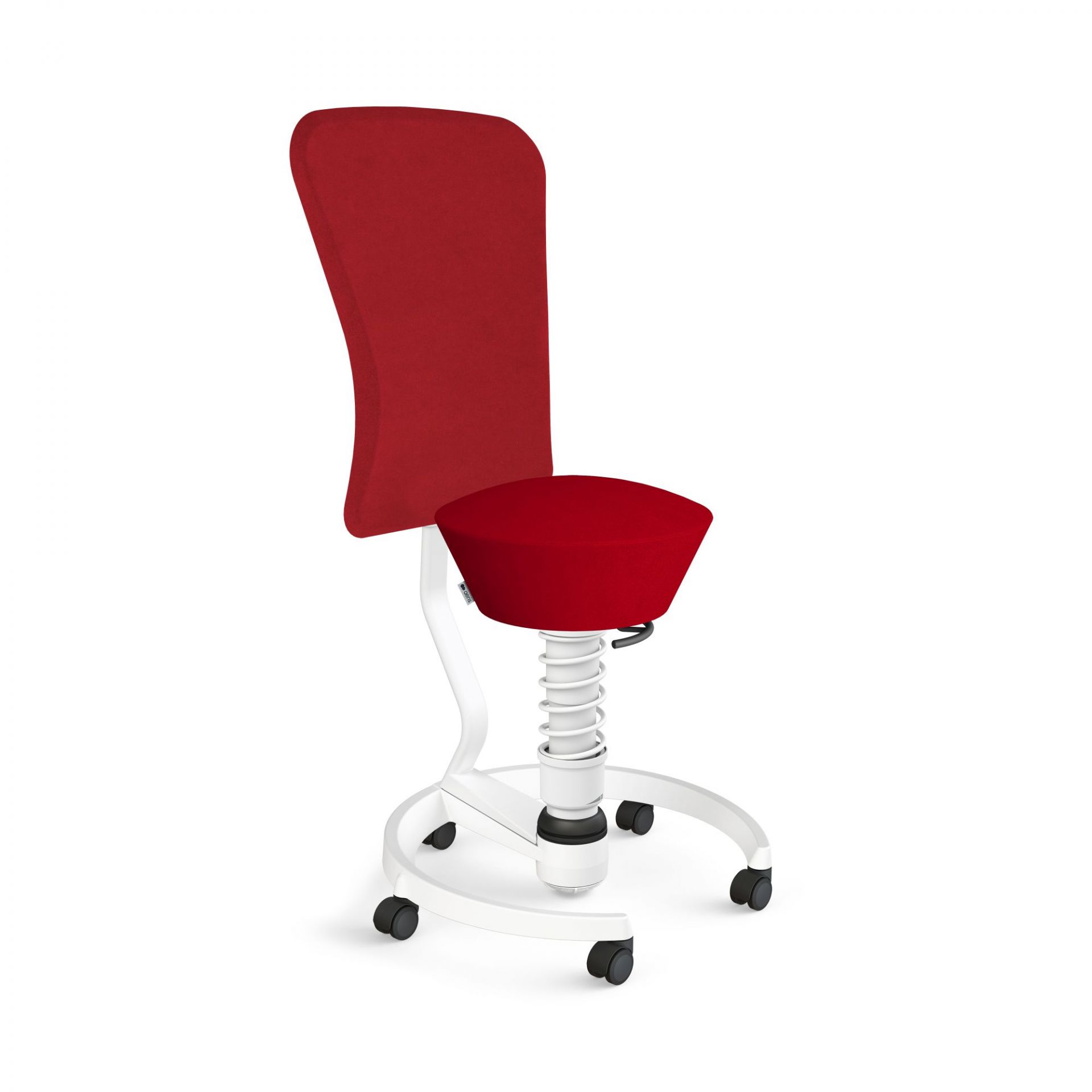 Roter Bürostuhl mit Rollen, ergonomisch geformt, für gesundes Sitzen im Büro oder Homeoffice.
