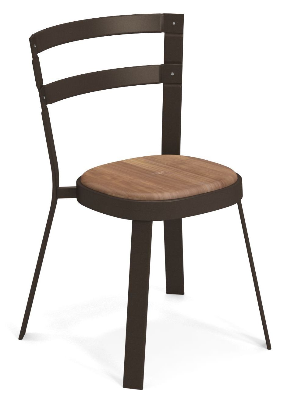 Thor Chair Stuhl Outdoor Emu, braunes Metallgestell mit Holz-Sitzfläche, moderner Gartenstuhl für Terrasse und Balkon.