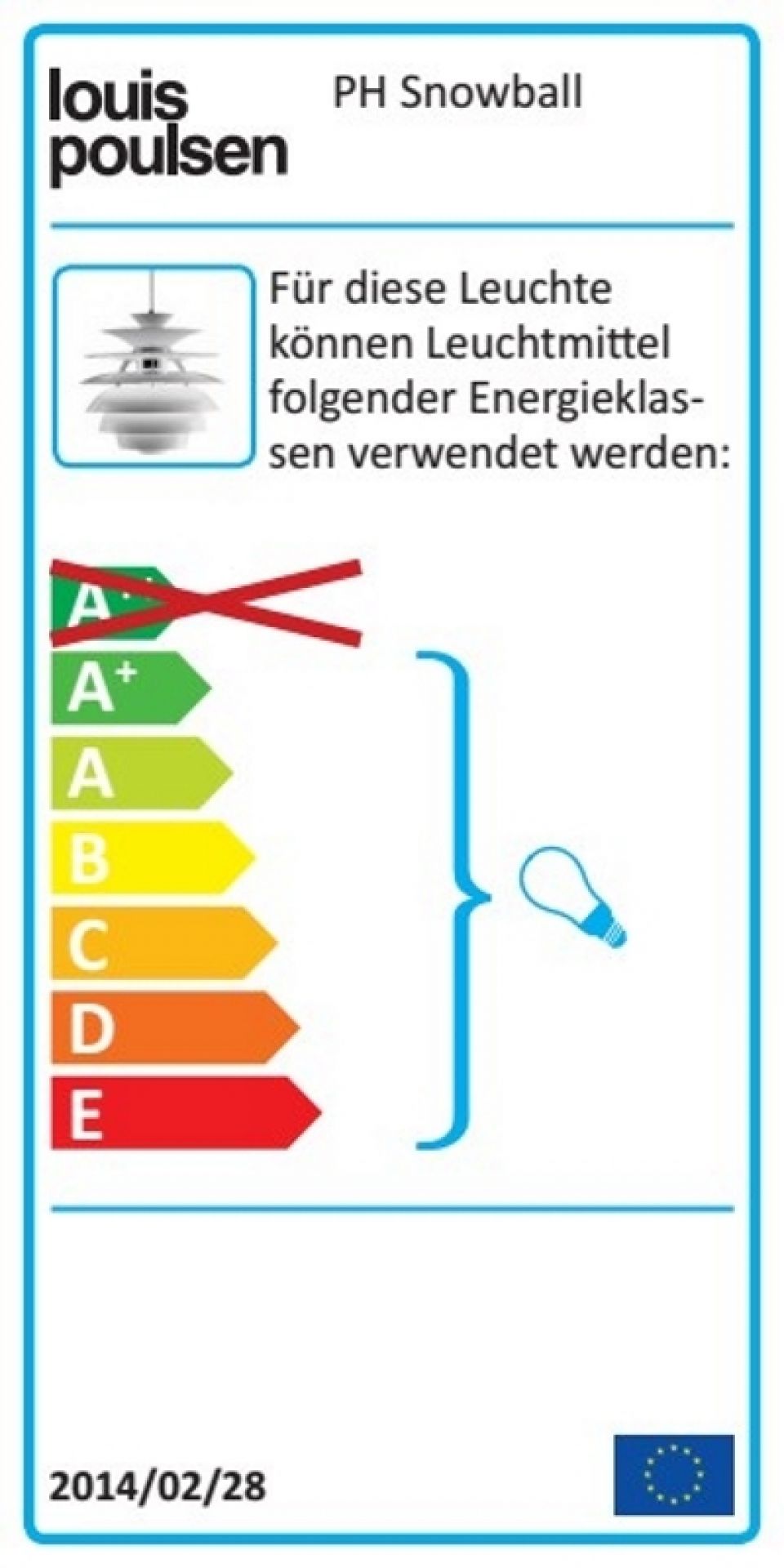 Energielabel für Louis Poulsen PH Snowball Pendelleuchte mit Energieeffizienzklassen von A+ bis E.