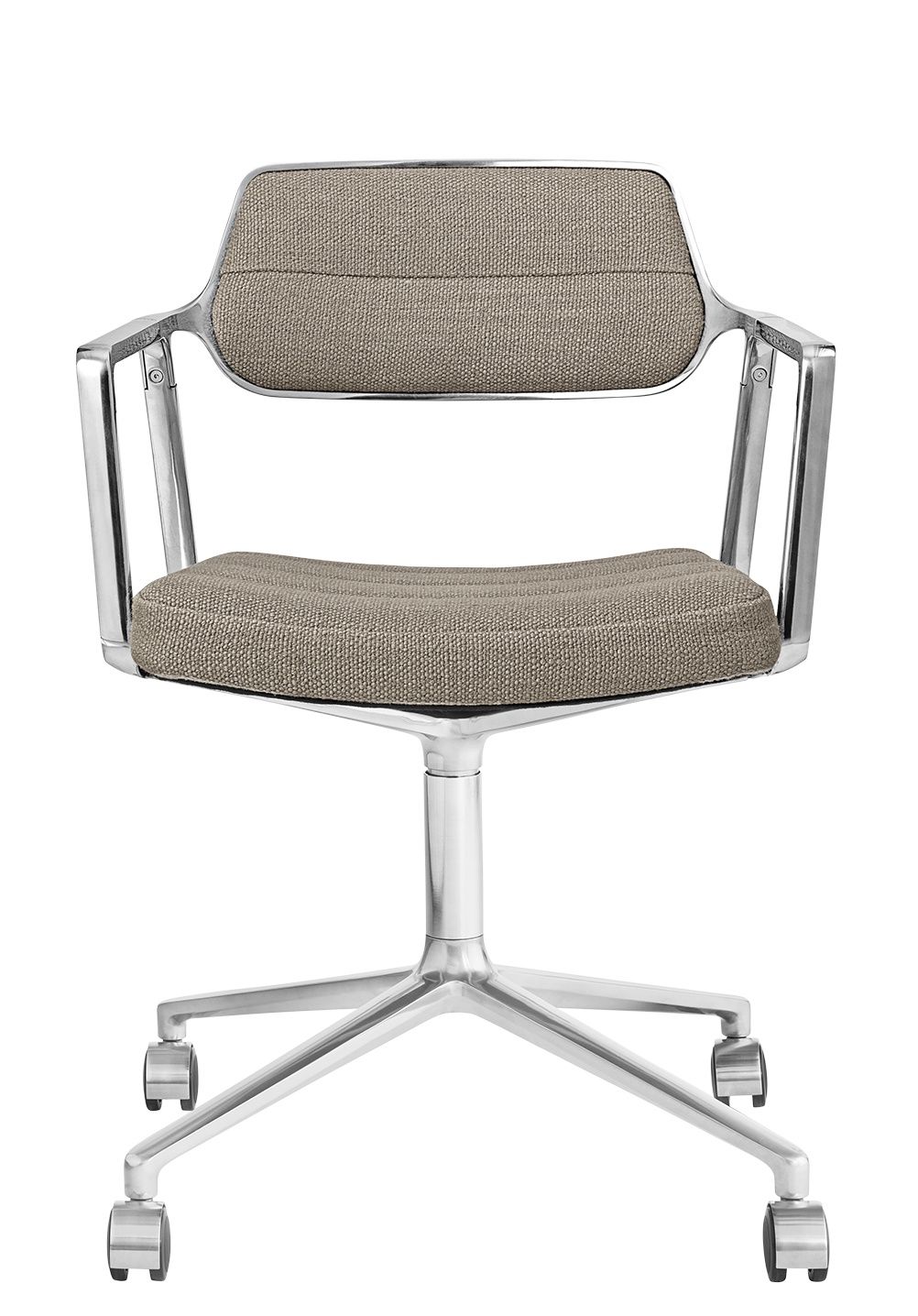 Vipp 453 / Vipp453 Draaistoel Swivel Chair Vipp Dark Sand Textiel / gepolijst aluminium frame met wieltjes