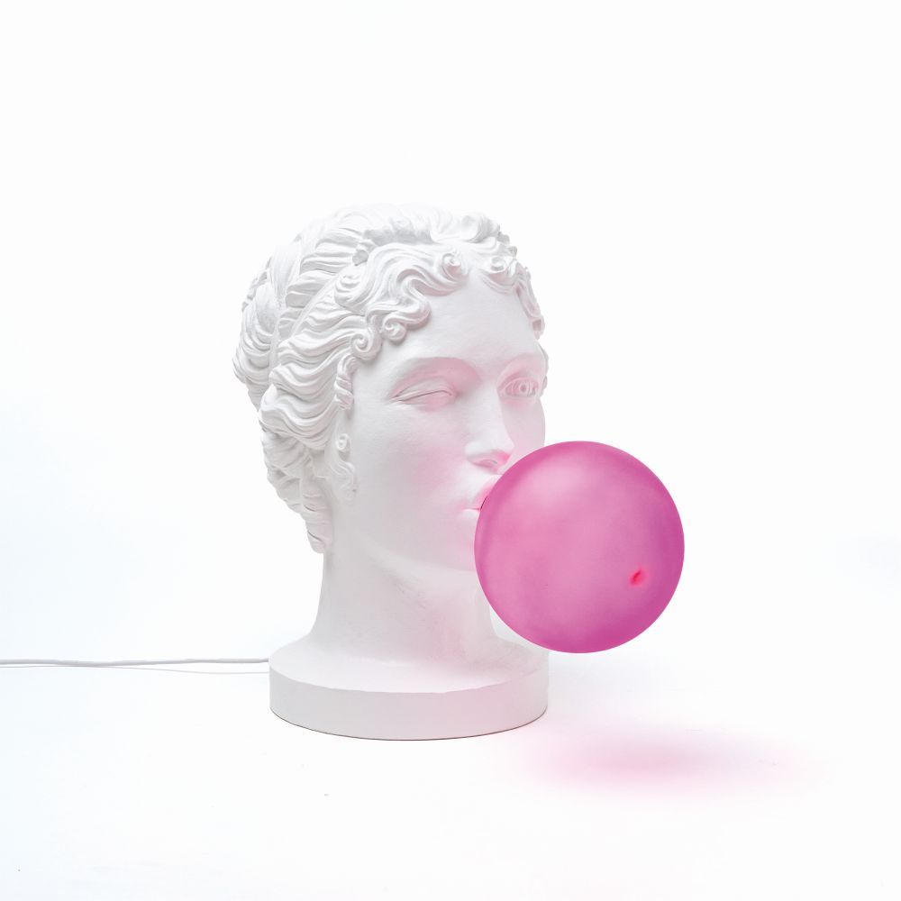 Grace Lamp Tischleuchte Seletti: Weiße Büste mit rosa Kaugummi, moderne Tischlampe für Wohnzimmer.