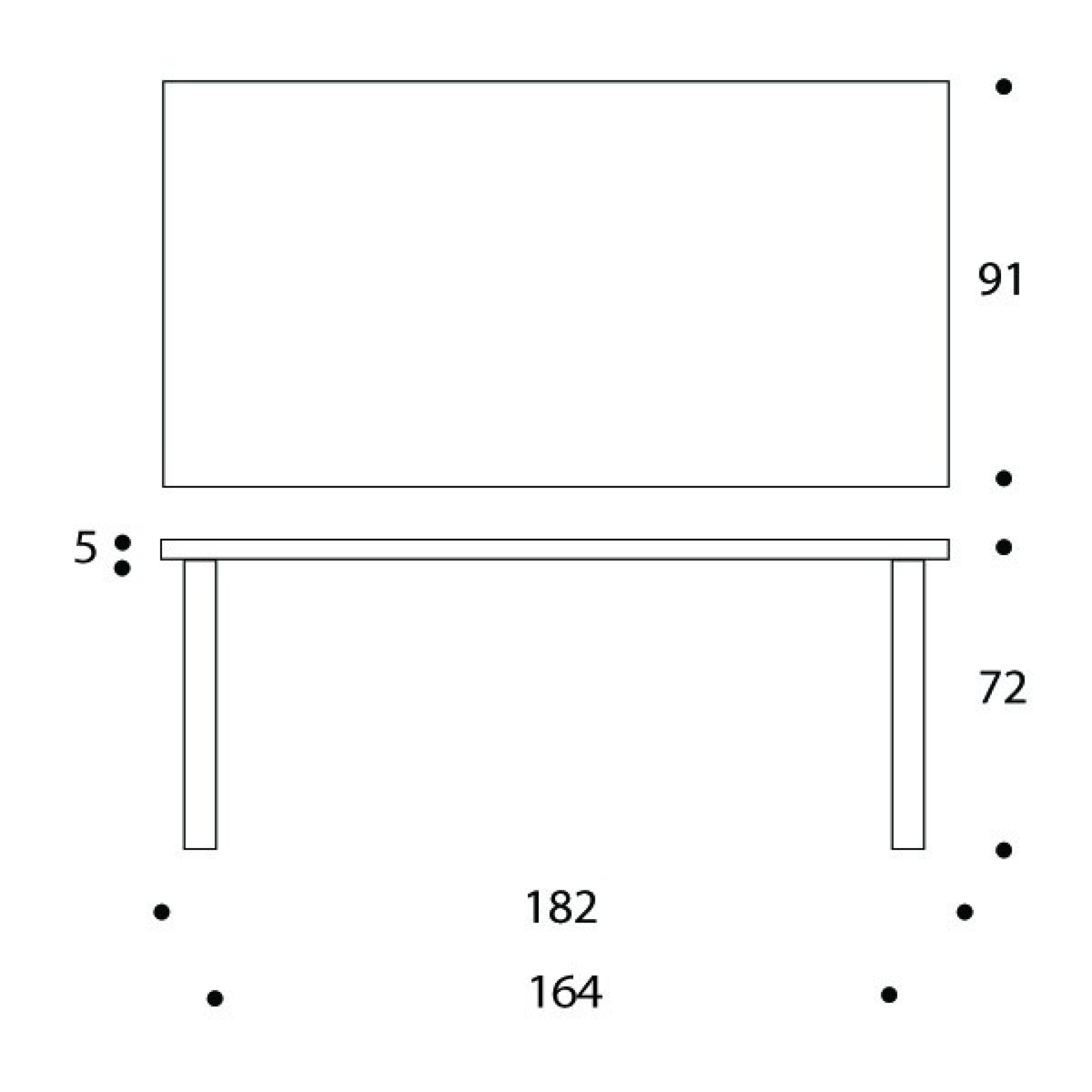 Artek Tisch 83 technische Zeichnung mit Maßen für Höhe, Breite und Tiefe.