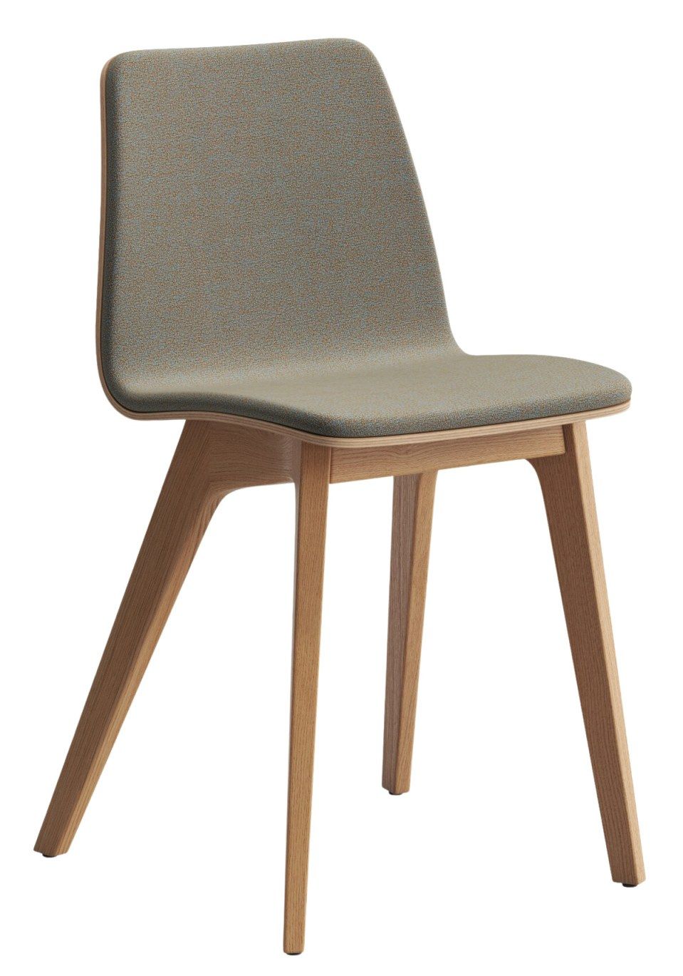 Morph Holzstuhl mit Polstersitz von Zeitraum, helles Holzgestell, grauer Bezug, modernes Design.
