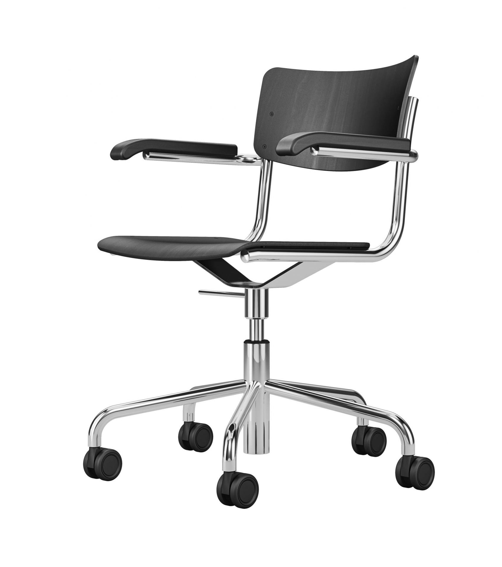 S 43 FDR Thonet Drehstuhl mit Armlehnen, schwarzem Holz und Chromgestell auf Rollen.