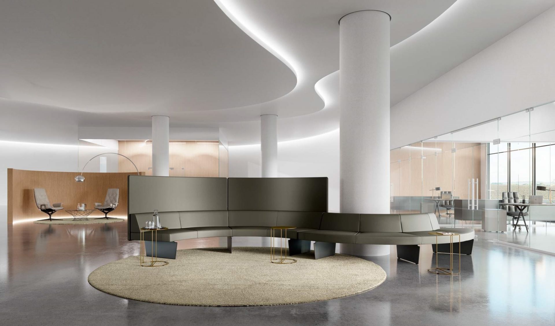 Oki Beistelltisch von Walter Knoll in modernem Büro-Lounge-Bereich mit Sofa und Teppich.