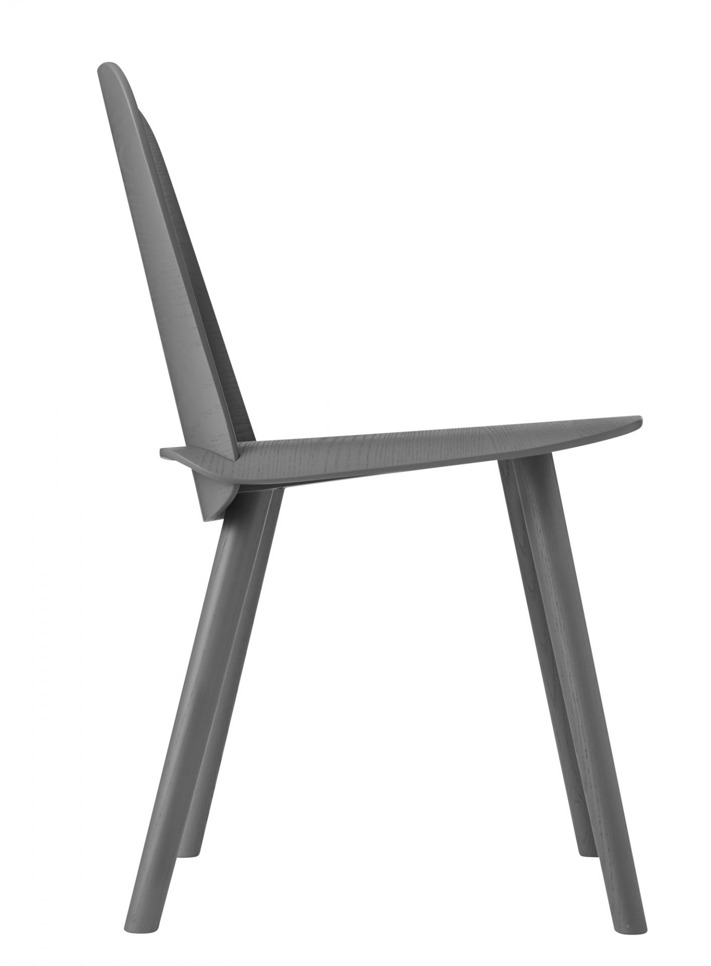 Grauer Muuto Nerd Chair Stuhl aus Holz, Seitenansicht, modernes Design für Esszimmer und Büro.