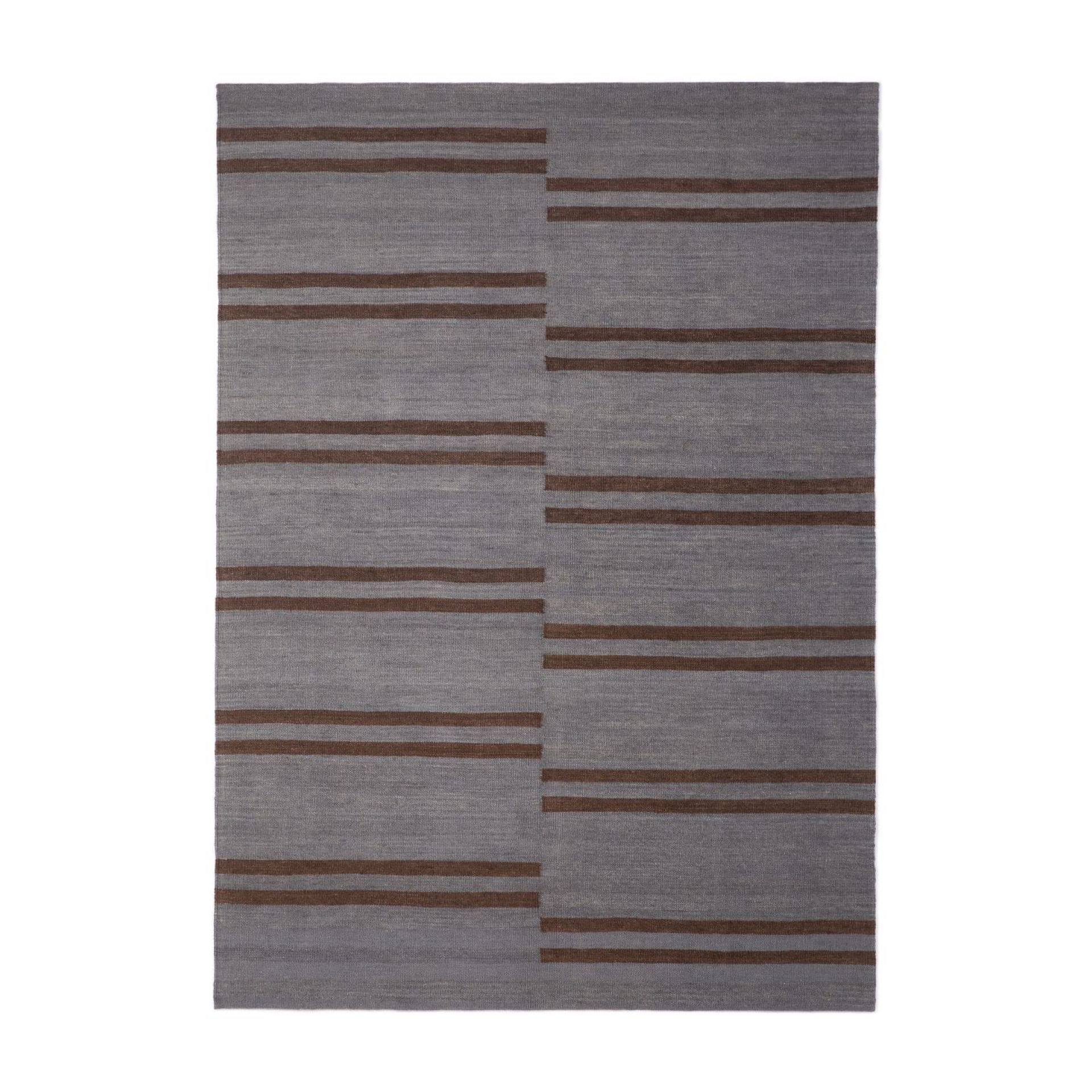 Blauer Kilim Teppich 170x240 cm mit braunen Streifen, Ethno-Muster, ideal für Wohnzimmer.