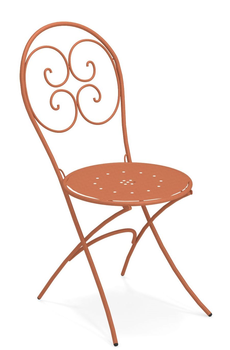Pigalle Klappstuhl Outdoor von Emu, orangefarbener Metallstuhl mit filigranem Design für Garten und Balkon.