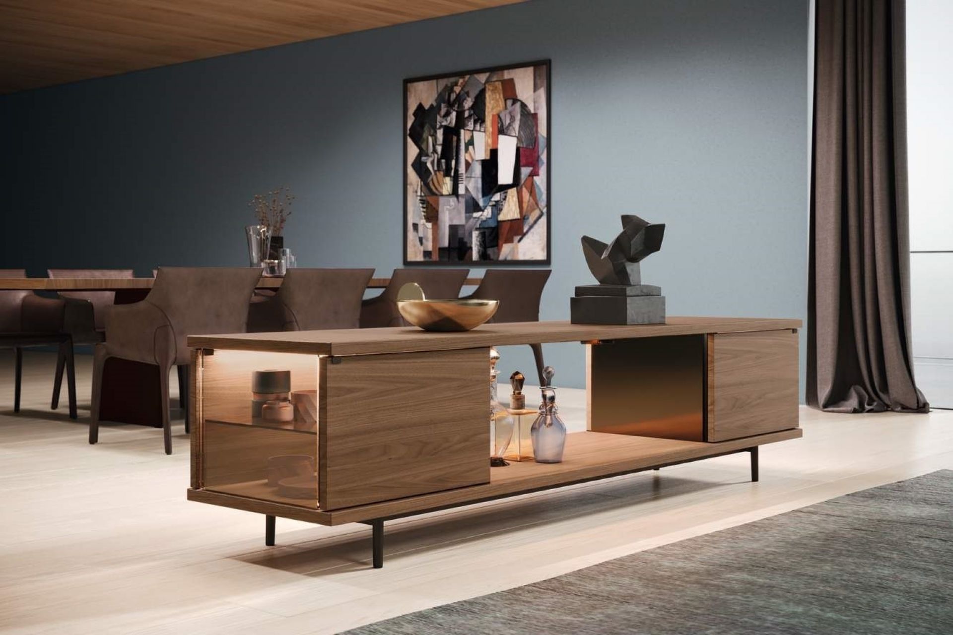 Tadeo Table Tisch von Walter Knoll im modernen Esszimmer mit Holzoberfläche und stilvoller Dekoration.