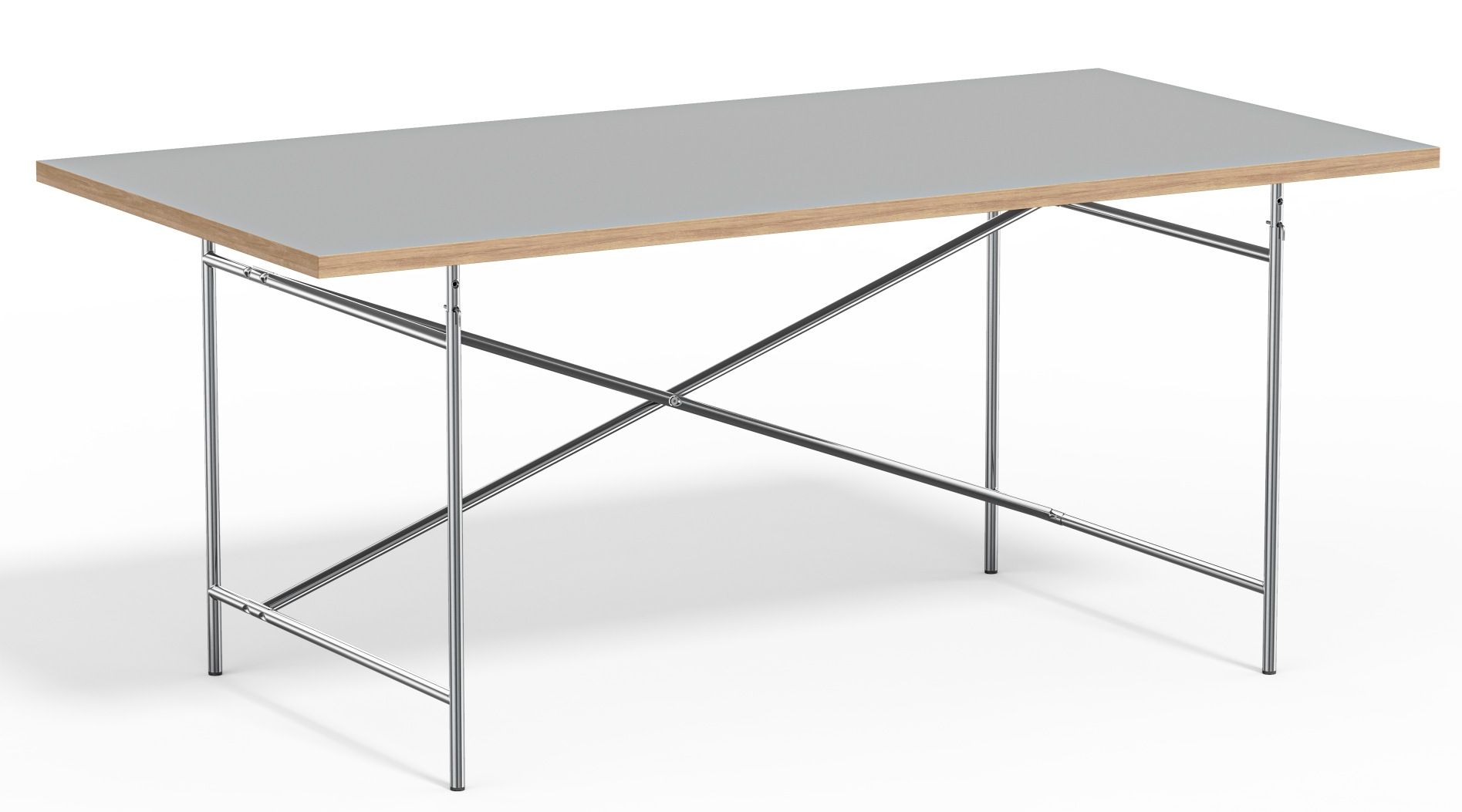 Eiermann Tisch mit grauem Tischblatt und verchromtem Stahlgestell, ein Designklassiker für Büro und Zuhause.