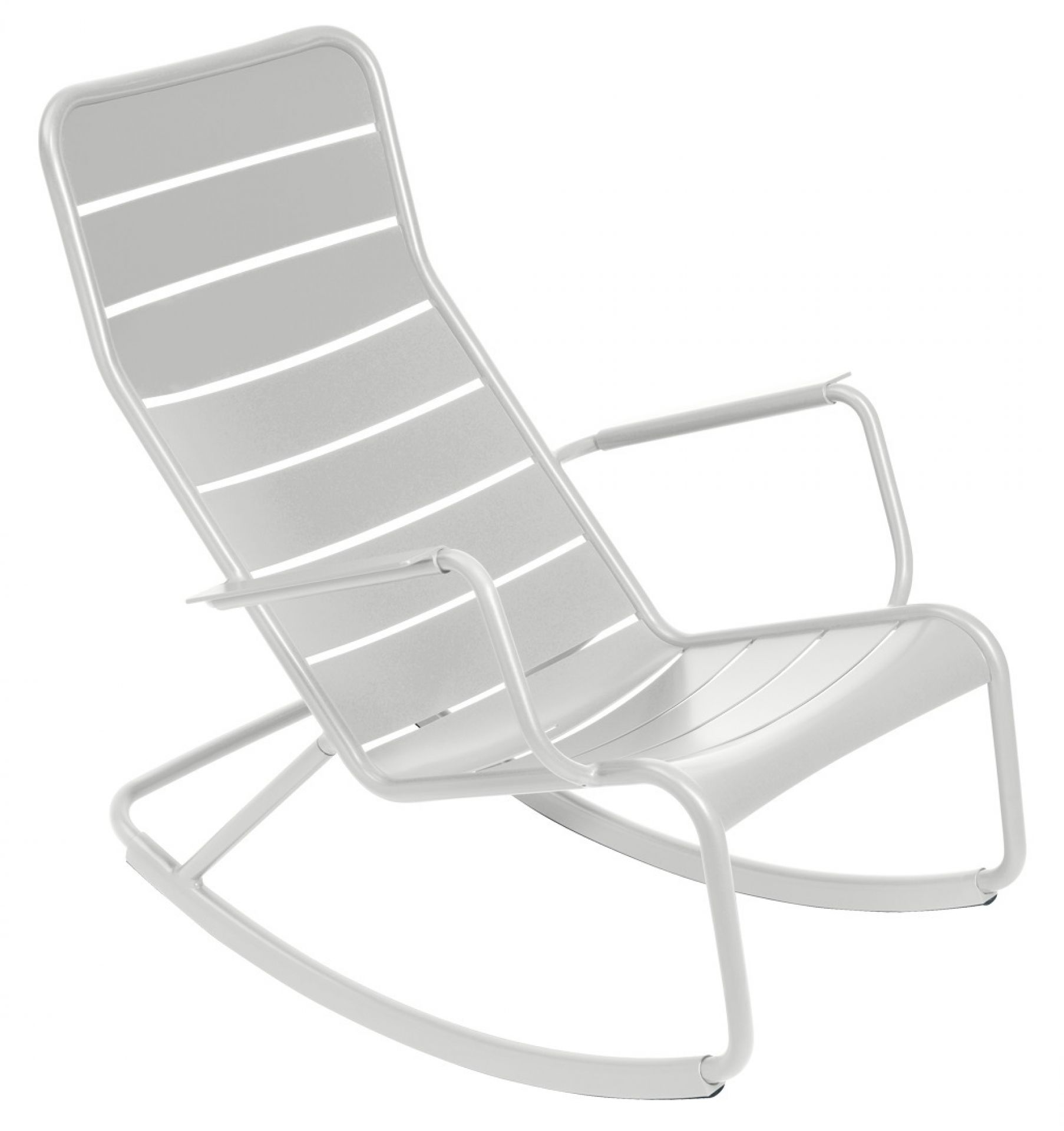 Weißer Luxembourg Schaukelstuhl von Fermob für den Außenbereich, moderner Gartenstuhl mit Armlehnen und Kufen.