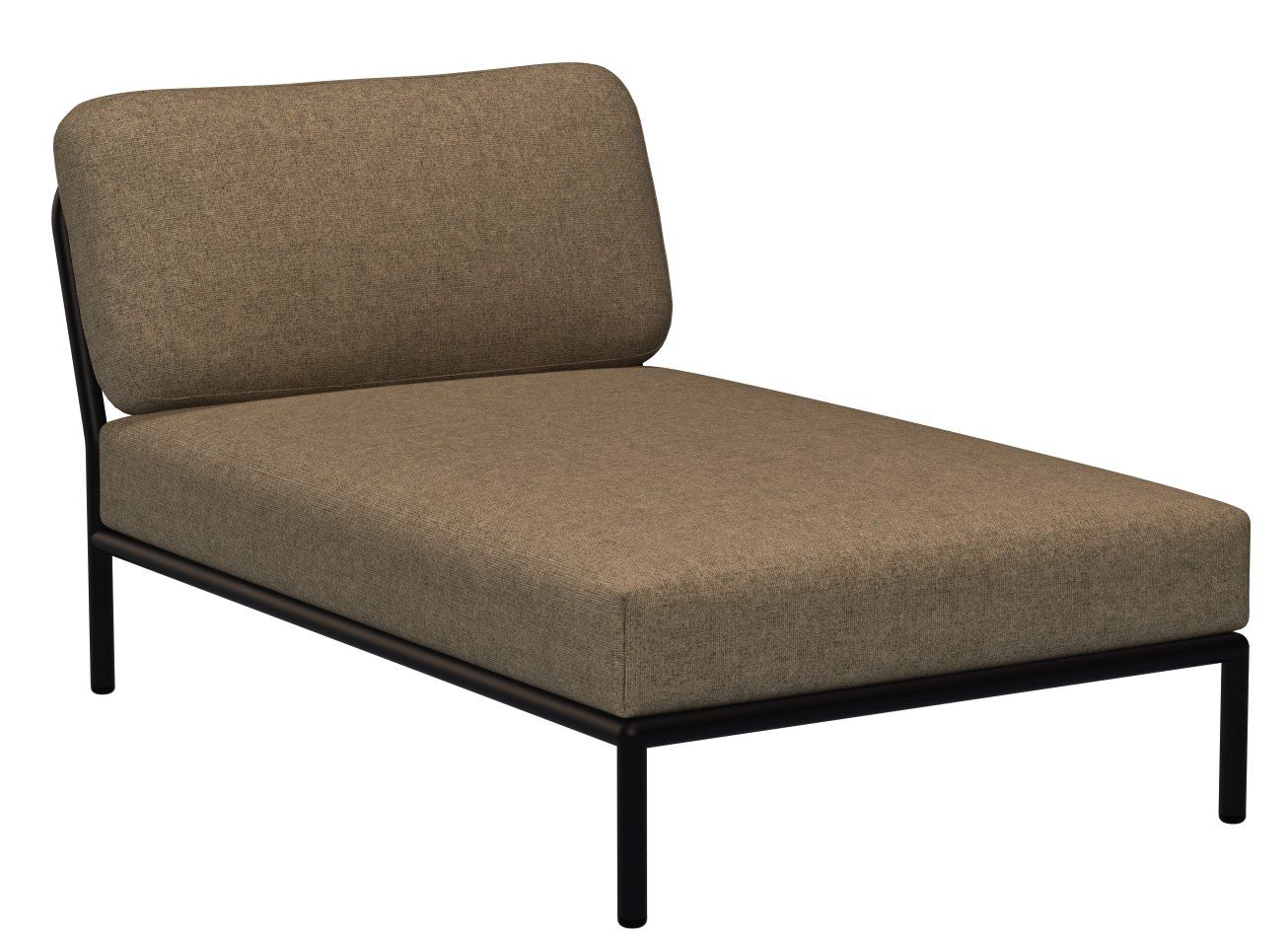 Houe Level Chaiselongue Outdoor Sessel mit braunem Stoffbezug und schwarzem Metallgestell, seitliche Ansicht.