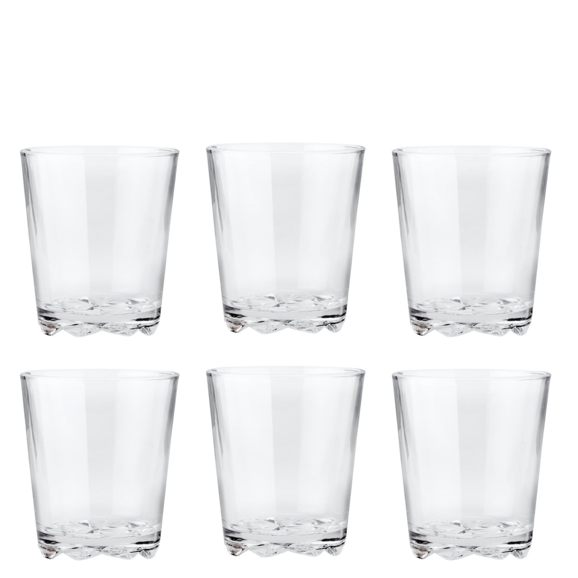 Sechs Stelton Glacier Trinkgläser, 0,25 Liter, aus klarem Glas mit besonderem Boden.