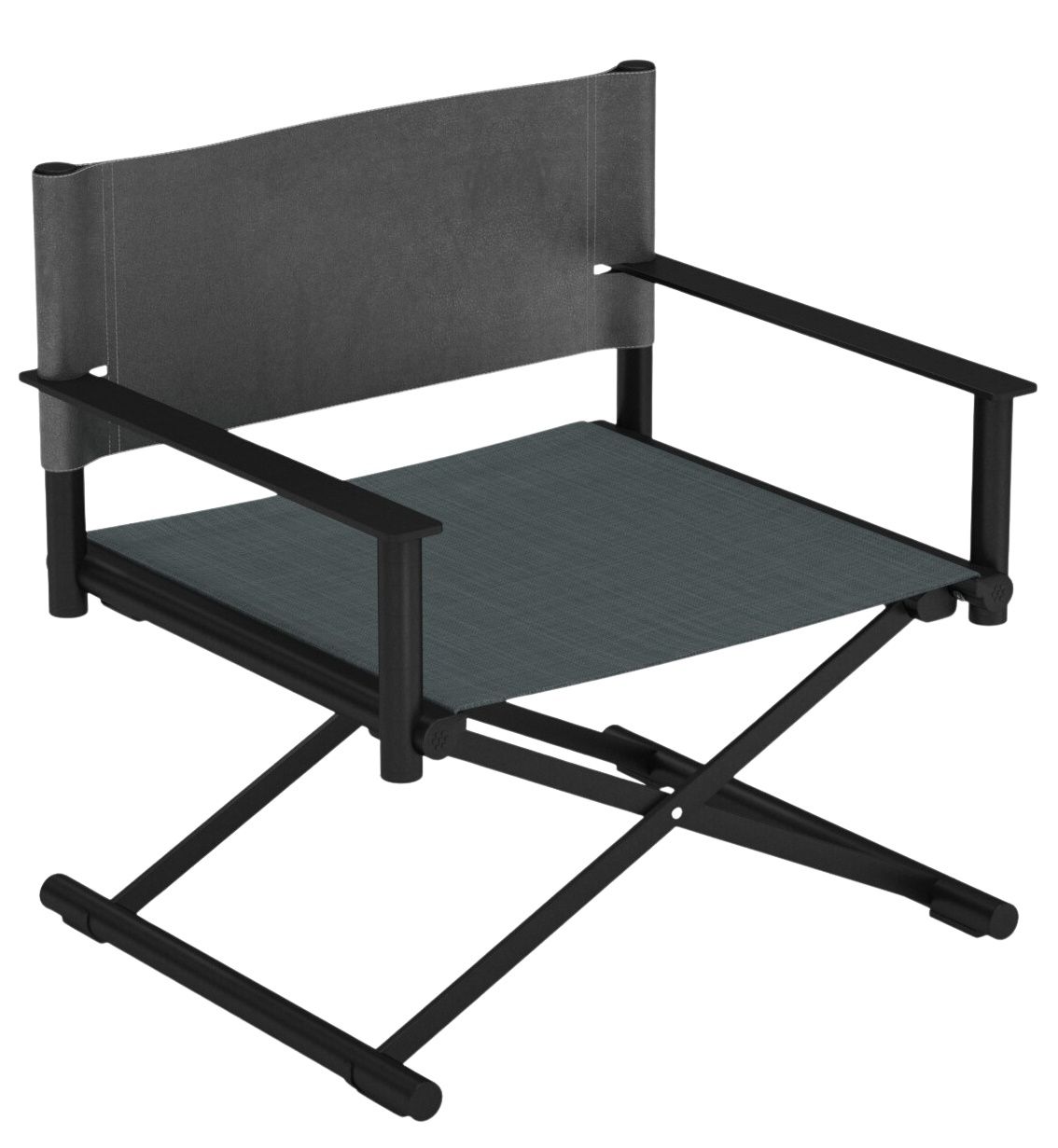 Terra Lounge Chair Sessel Outdoor Emu mit schwarzem Gestell und grauem Stoffbezug für Garten und Terrasse.