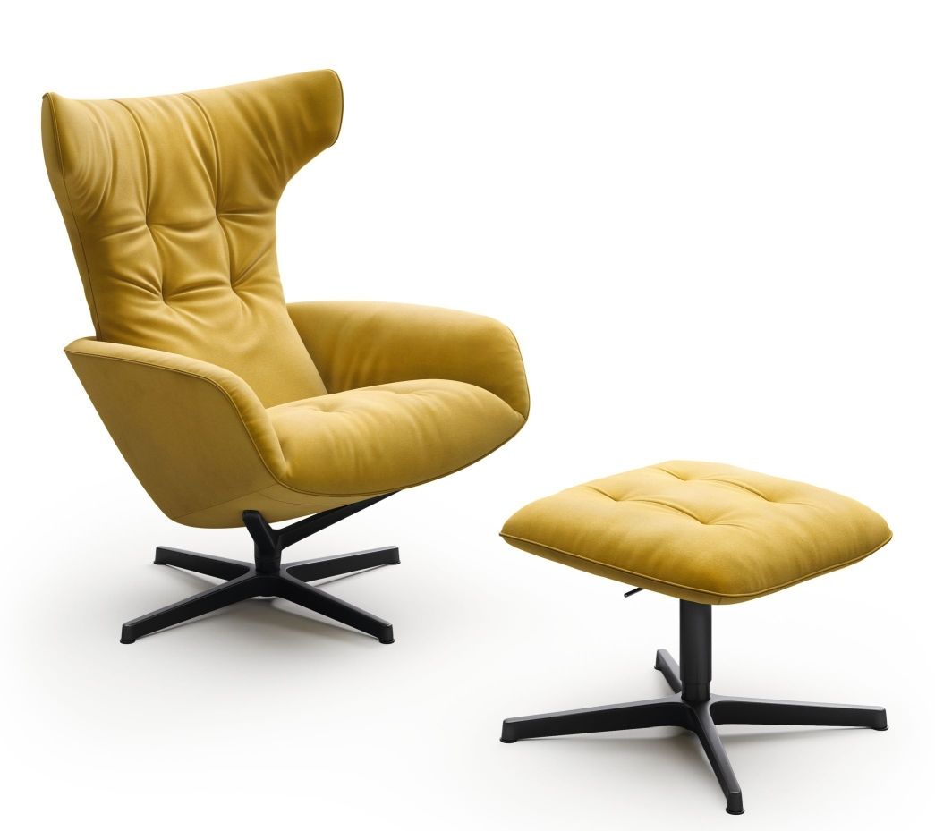 Gelber Onsa Sessel von Walter Knoll mit Fußhocker, moderner Relaxsessel mit Drehfuß und Knopfheftung.