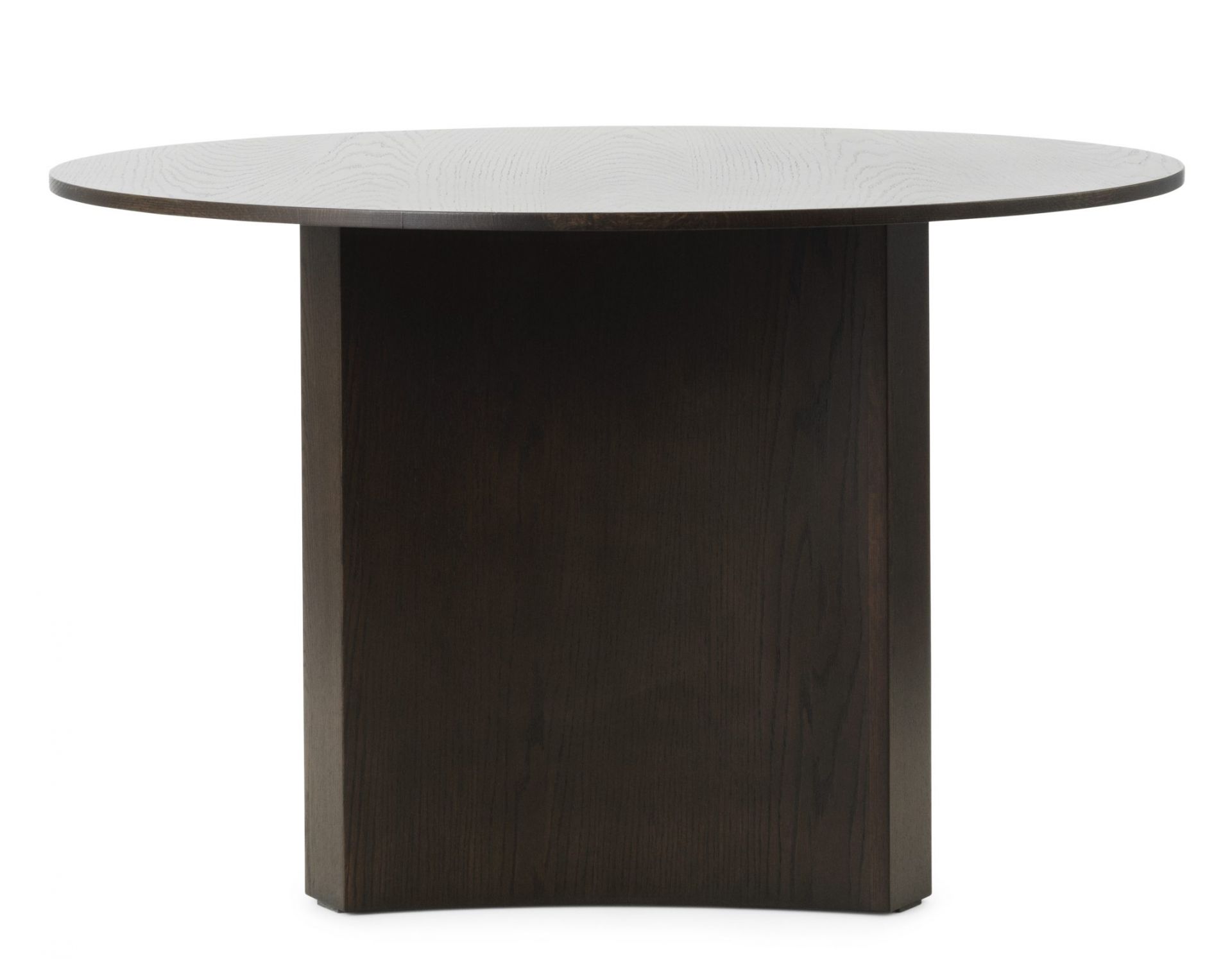 Bue Table Esstisch von Normann Copenhagen, runder Holztisch mit dunkler Holzoberfläche und zentralem Sockel.