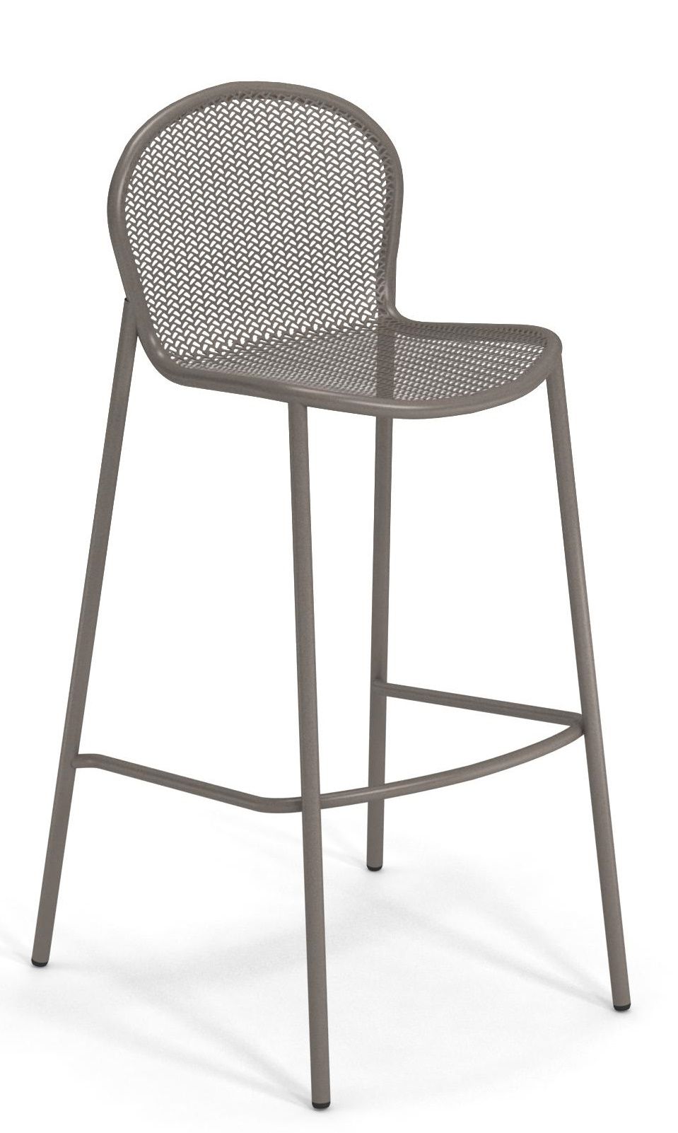 Ronda X Barstool von Emu, grauer Metall-Barhocker mit Rückenlehne und Fußstütze für den Außenbereich.