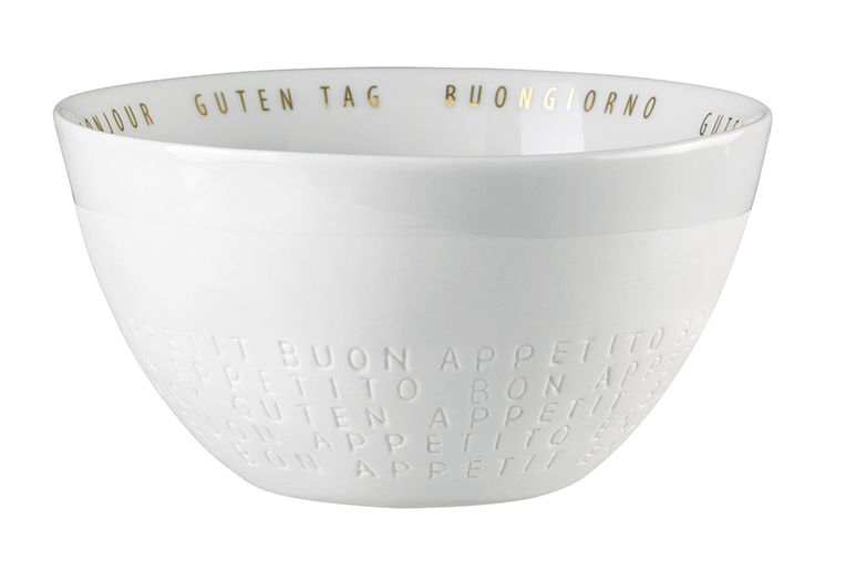 Weiße Schüssel aus dem "Guten Appetit" 3er Set Räder, mit goldenen und geprägten Schriftzügen.