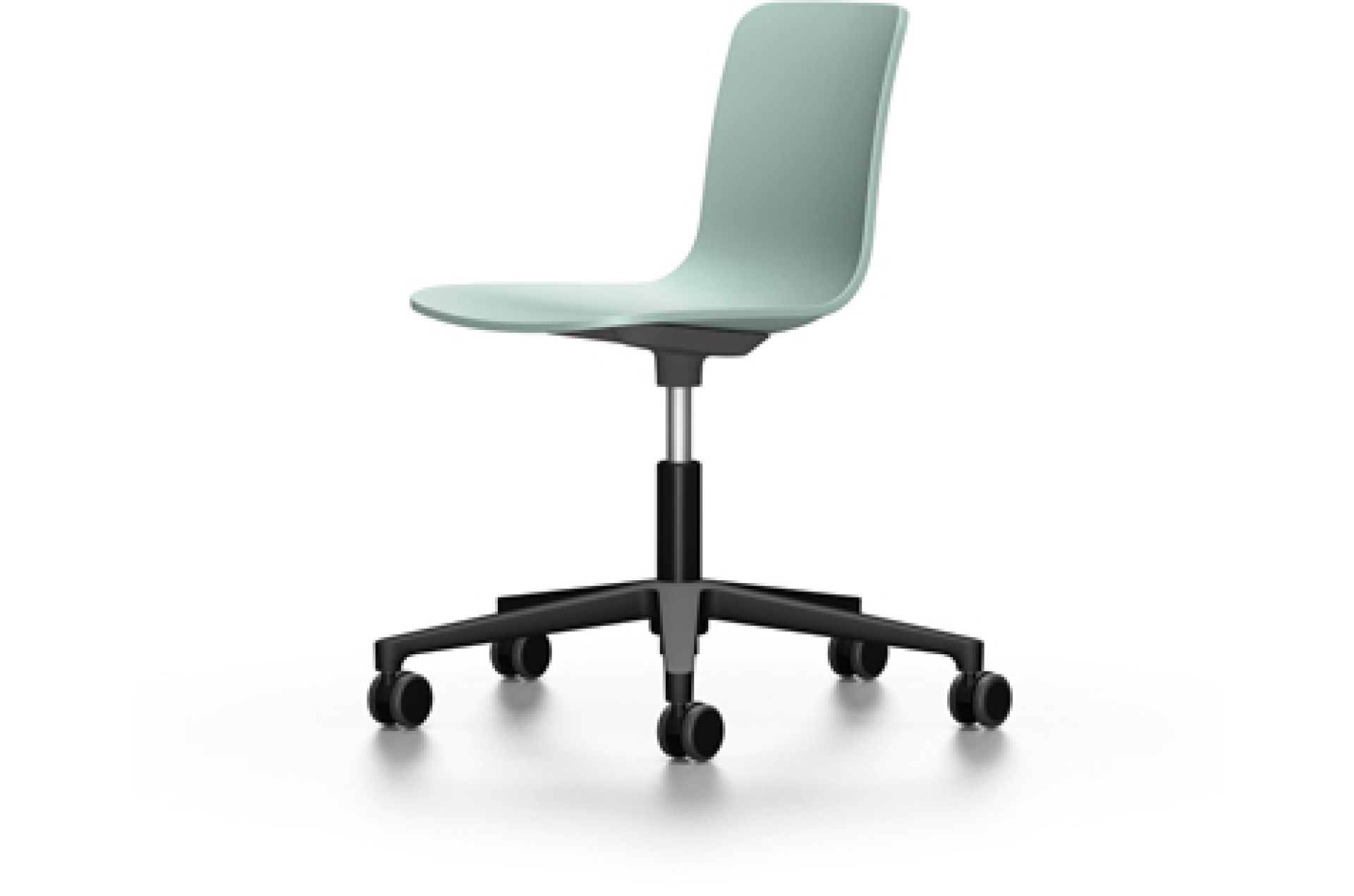 Hal RE Studio Drehstuhl von Vitra in Mintgrün mit schwarzem Fußkreuz und Rollen.