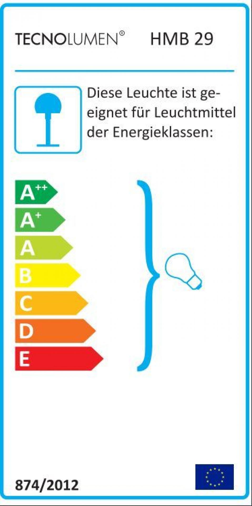 Energieeffizienzlabel für Tecnolumen HMB 29 Pendelleuchte, zeigt Energieklassen von A++ bis E.