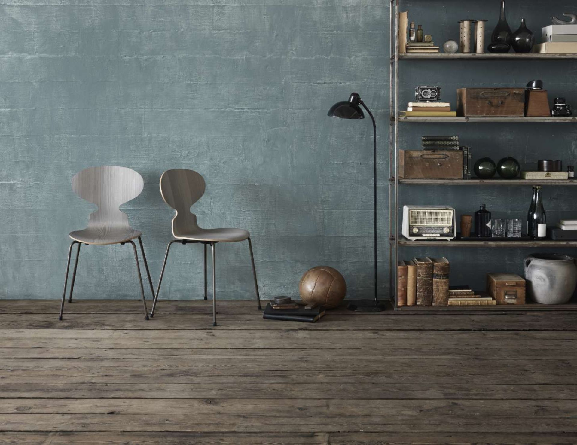 Zwei Fritz Hansen Ameise Stühle mit vierbeinigen Gestellen vor einer blauen Wand und Regal.