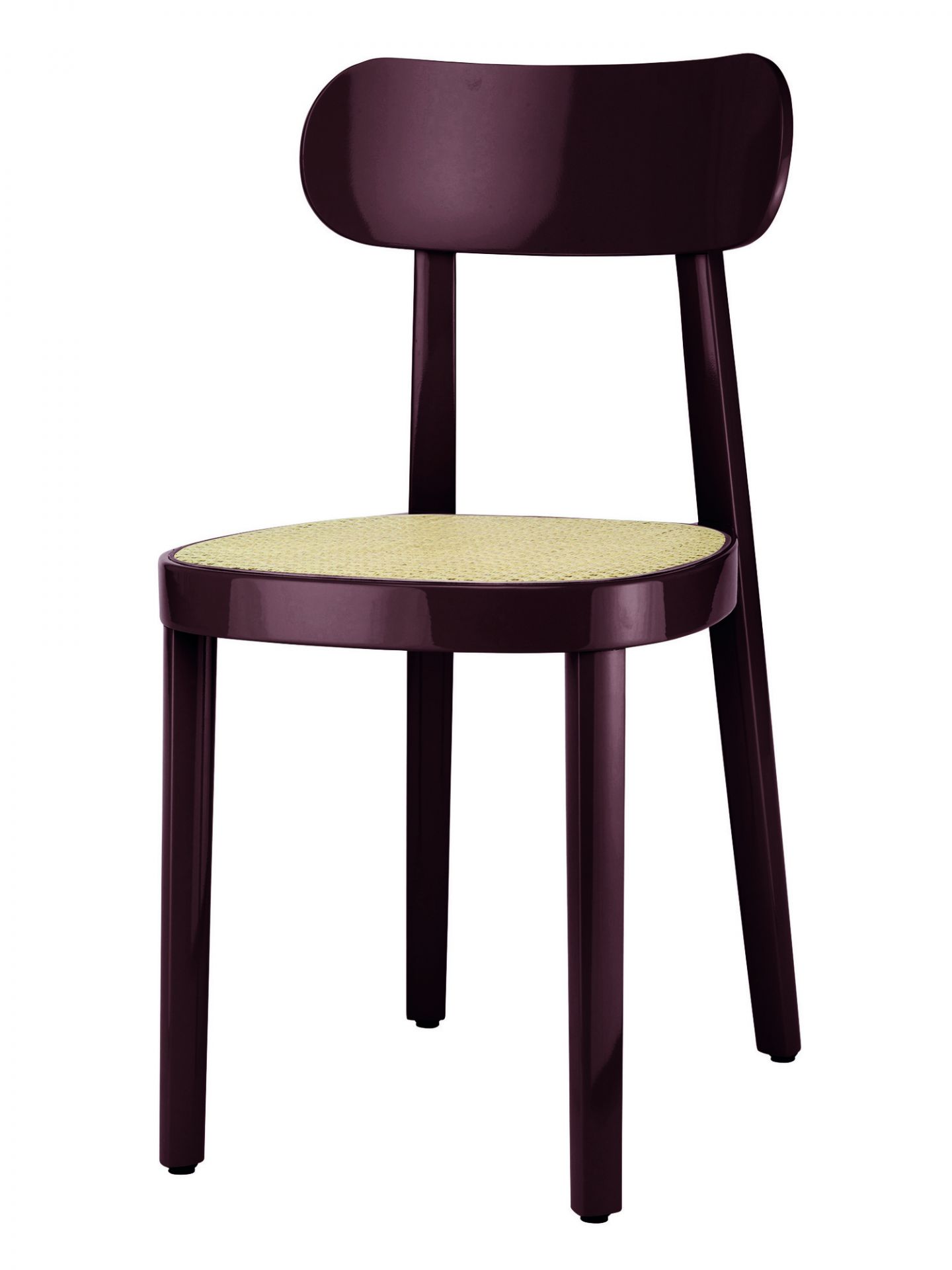 Holzstuhl 118 Hochglanz Thonet mit Wiener Geflecht Sitzfläche in dunklem Lila. Designklassiker.