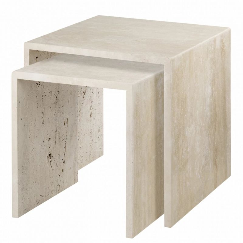 Varu Beistelltisch 2er Set von Blomus aus Travertin, quadratische Form, moderner Wohnzimmertisch, Couchtisch.