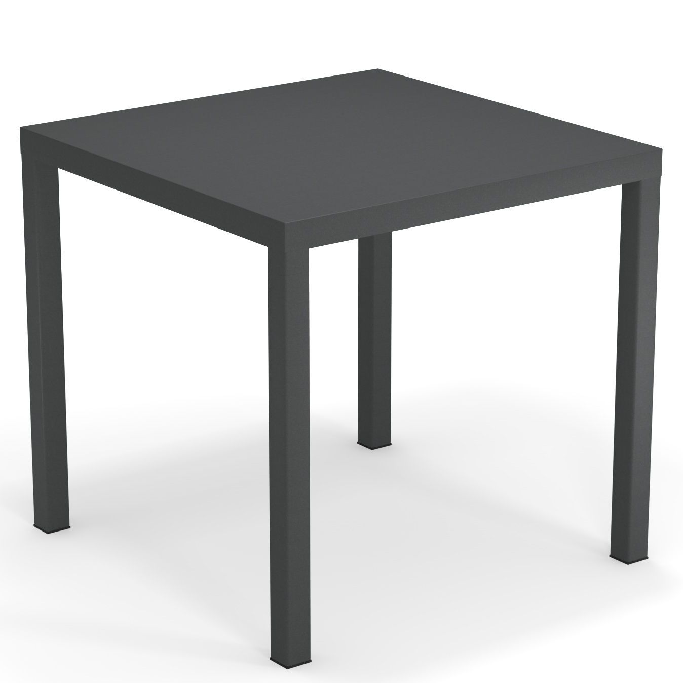 Quadratischer Nova Tisch von Emu für den Außenbereich, anthrazitfarbener Metalltisch mit minimalistischem Design.