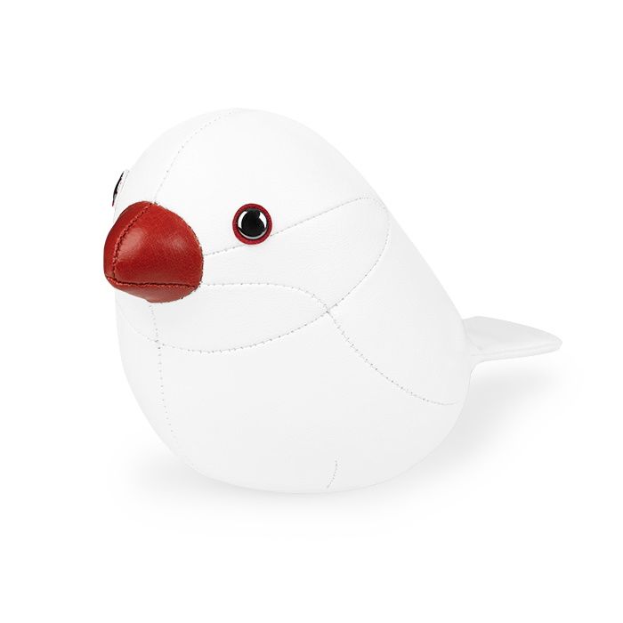 Weißer Java Spatz Briefbeschwerer von Züny, dekorativer Vogel aus Kunstleder mit rotem Schnabel.