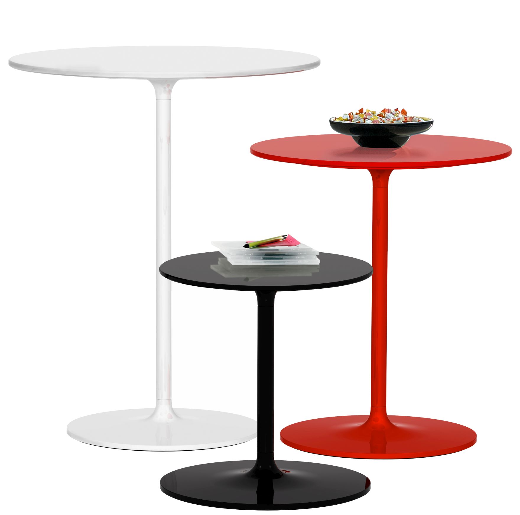 Poppy Beistelltisch Rexite, drei runde Tische in Weiß, Rot und Schwarz, modernes Design für Wohnzimmer.