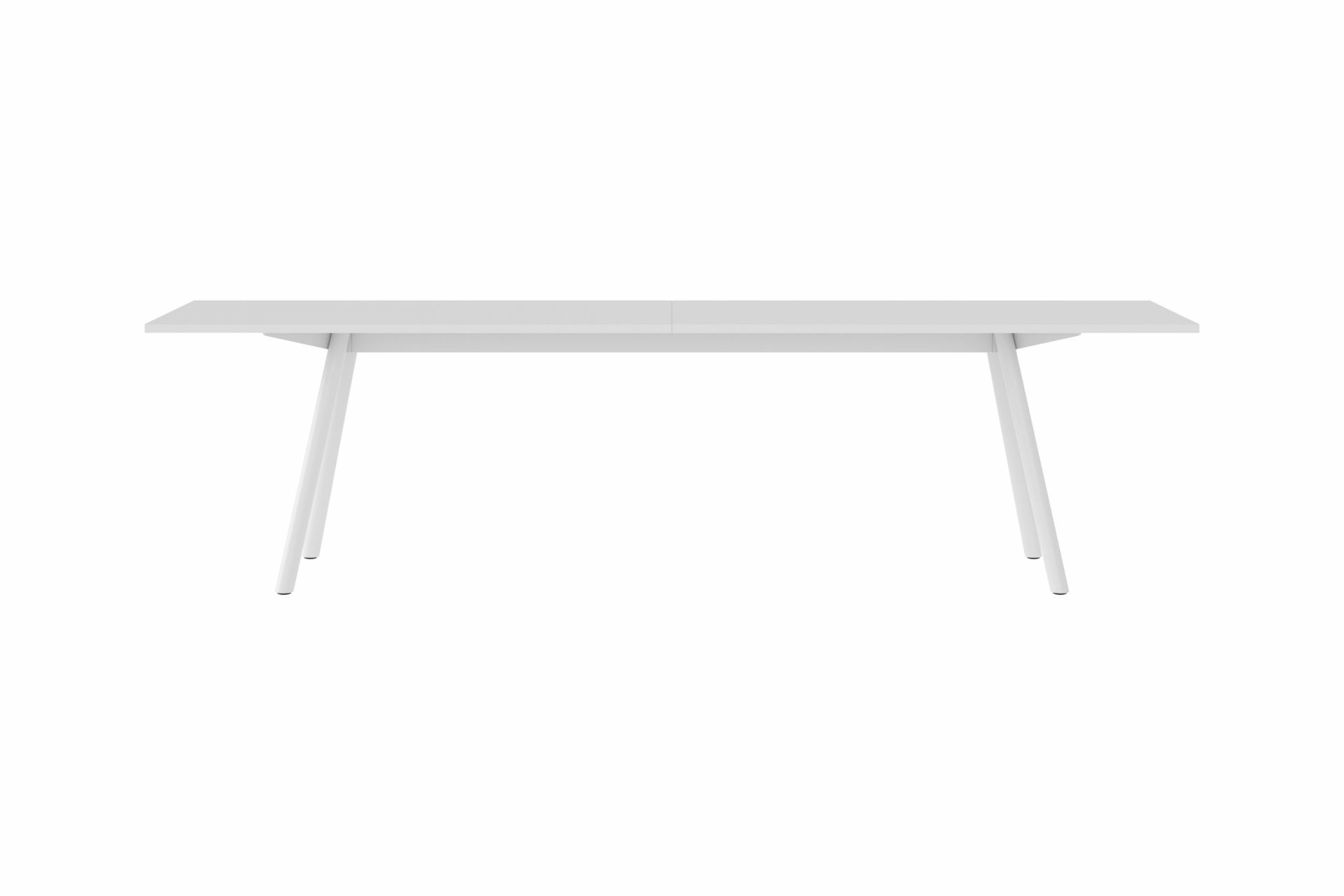 Weißer New Tendency Masa Tisch mit minimalistischem Design und schlichten, schrägen Beinen.