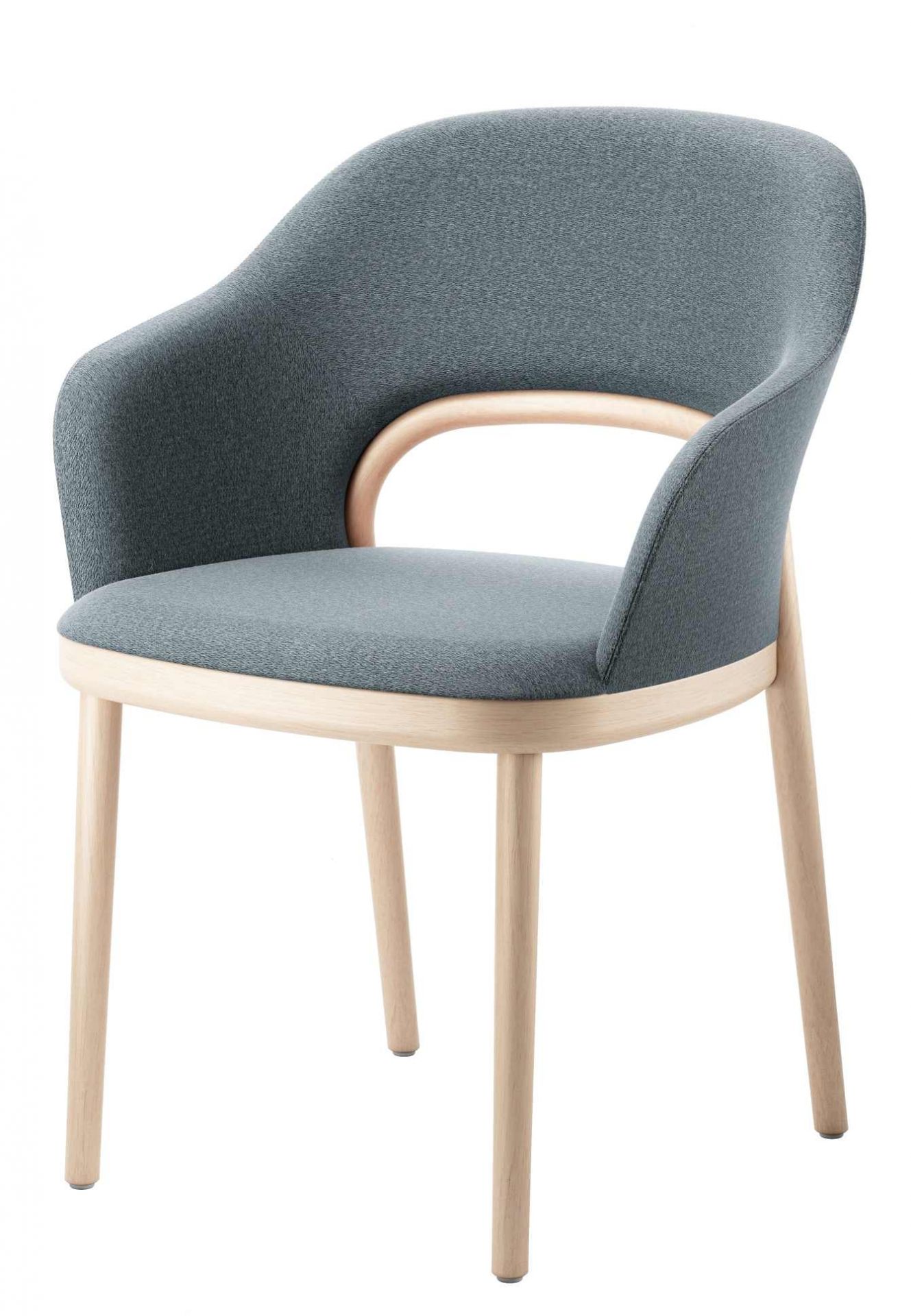 Grauer Thonet Polsterstuhl 520 PF mit Armlehnen und hellem Holzgestell, moderne Sitzgelegenheit für Wohnzimmer.