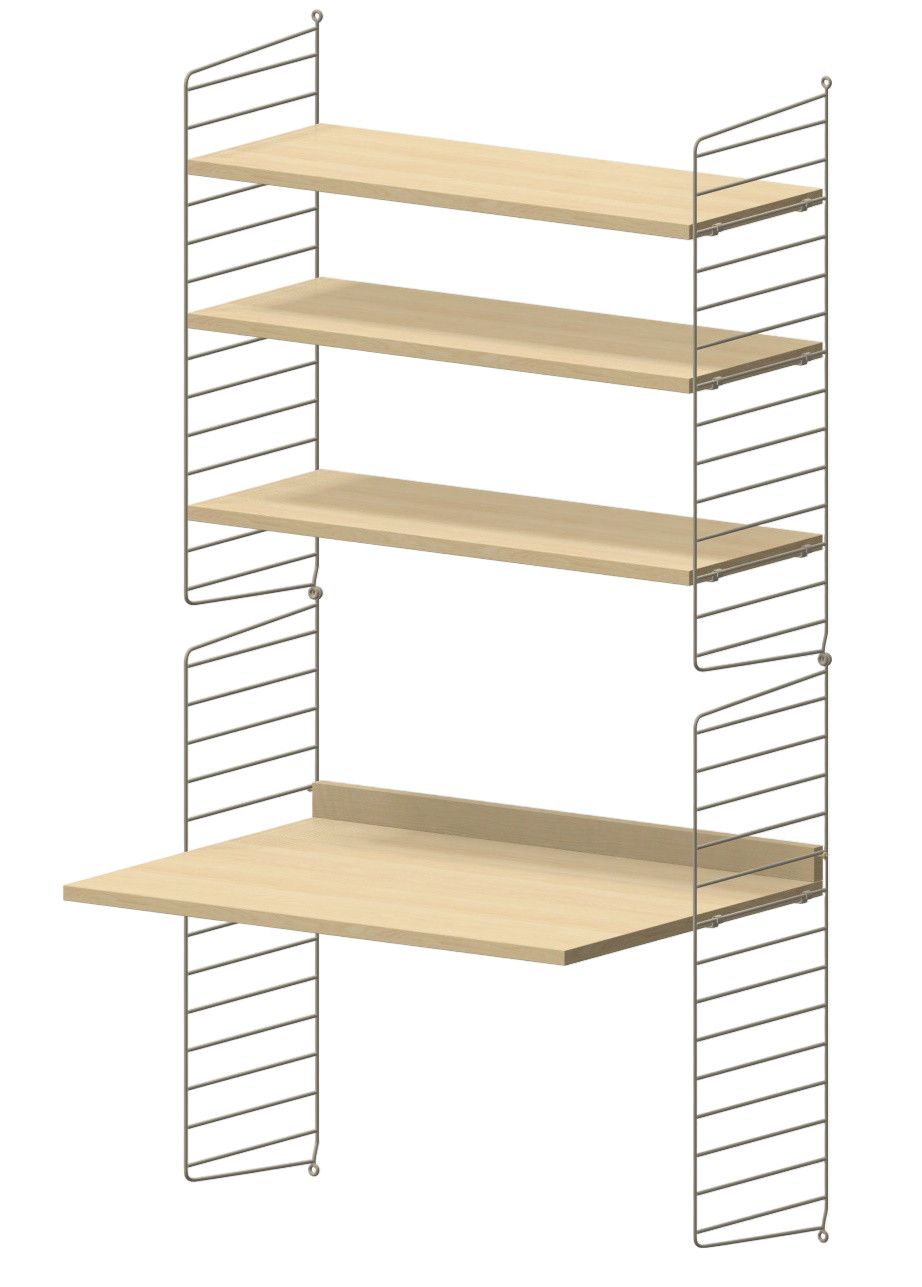Arbeitsplatz KONFIGURATIONEN W4 String Furniture: Wandregal mit Schreibtischplatte und drei Regalböden in Buche.