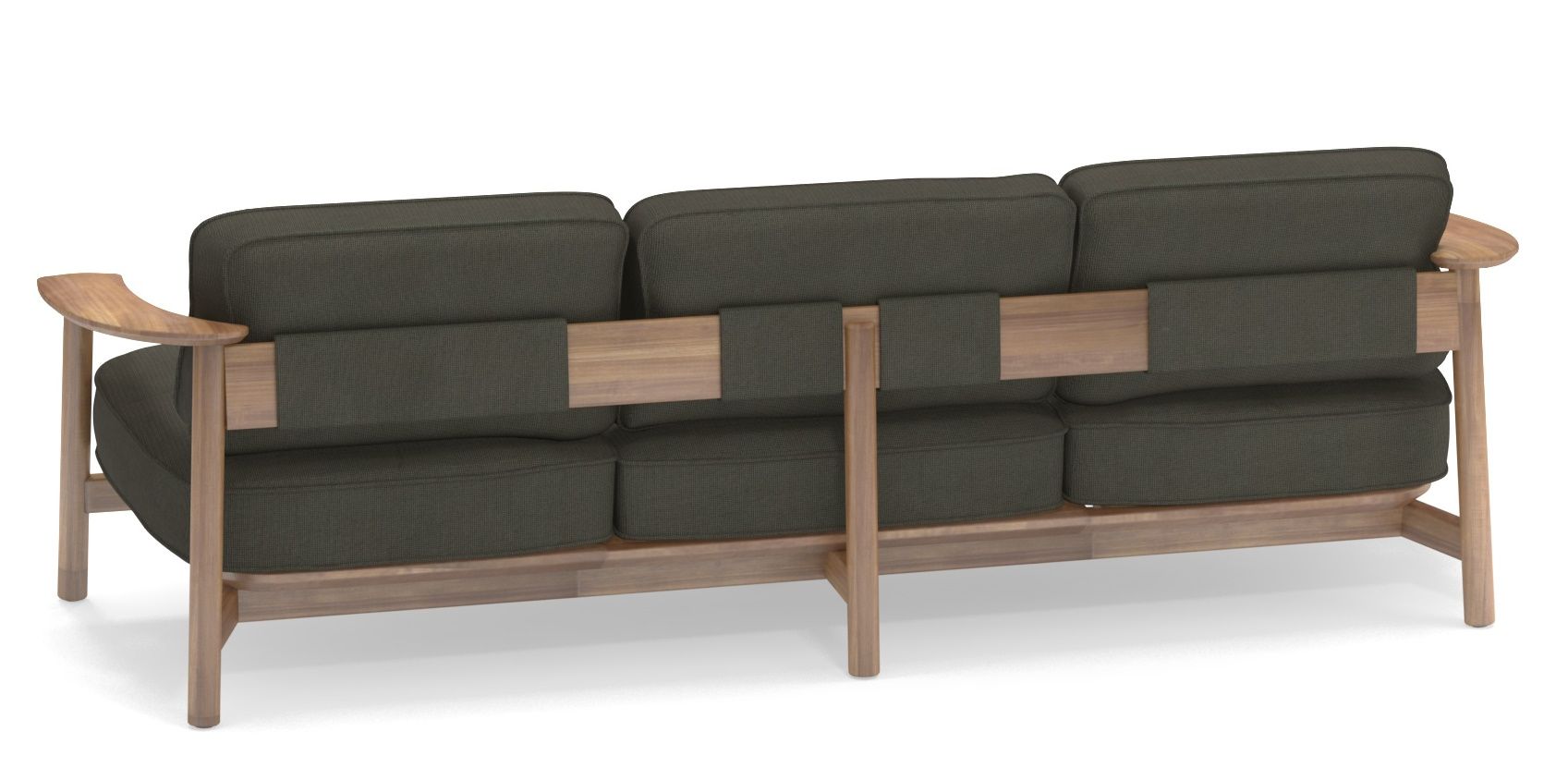 Rückansicht des Emu Twins Sofa Outdoor mit Holzrahmen und olivgrünen Polsterkissen für Garten und Terrasse.