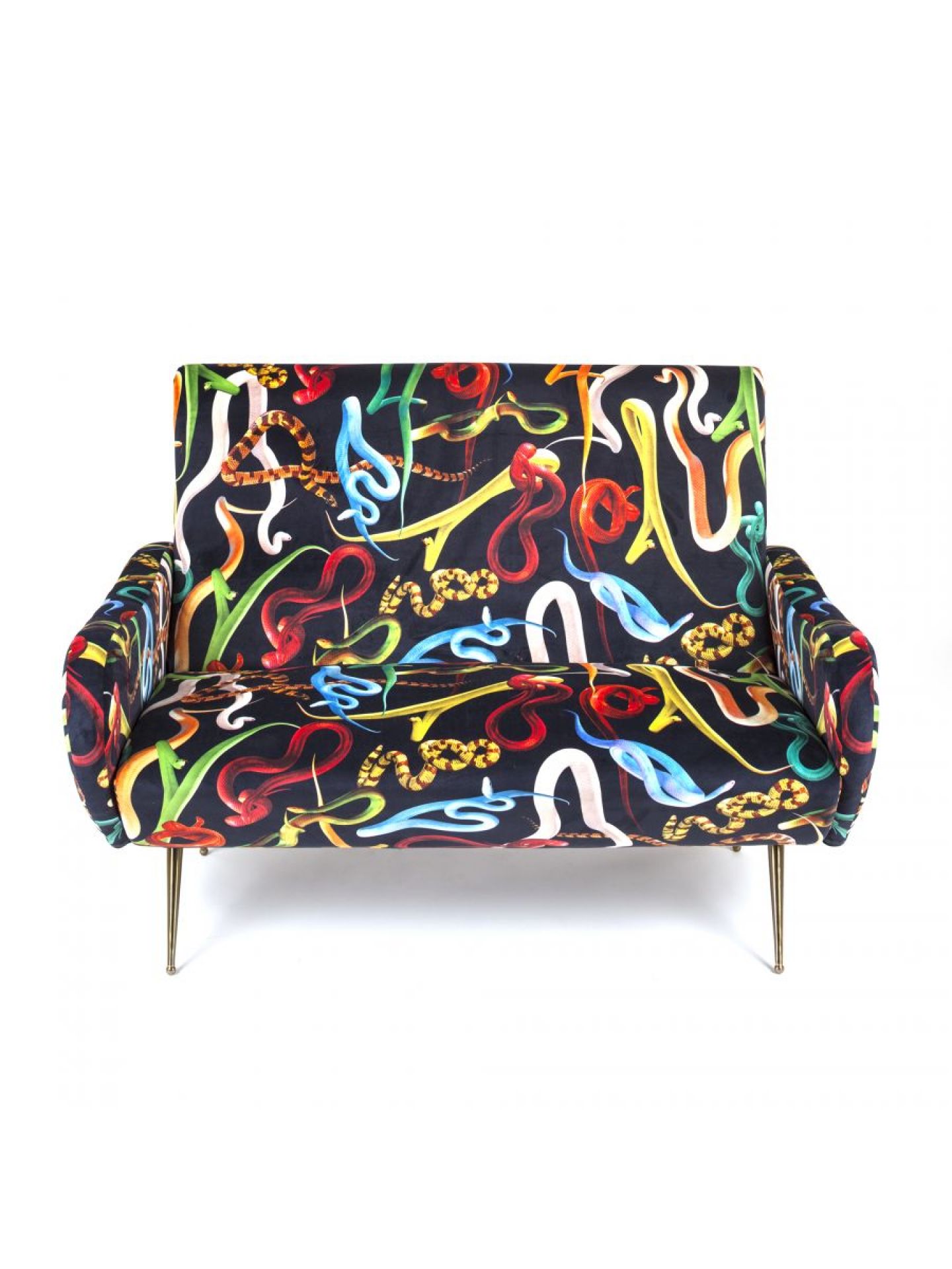 Toiletpaper 2-Sitzer-Sofa Snakes Seletti mit Schlangenmuster auf dunklem Samtbezug und goldenen Füßen.