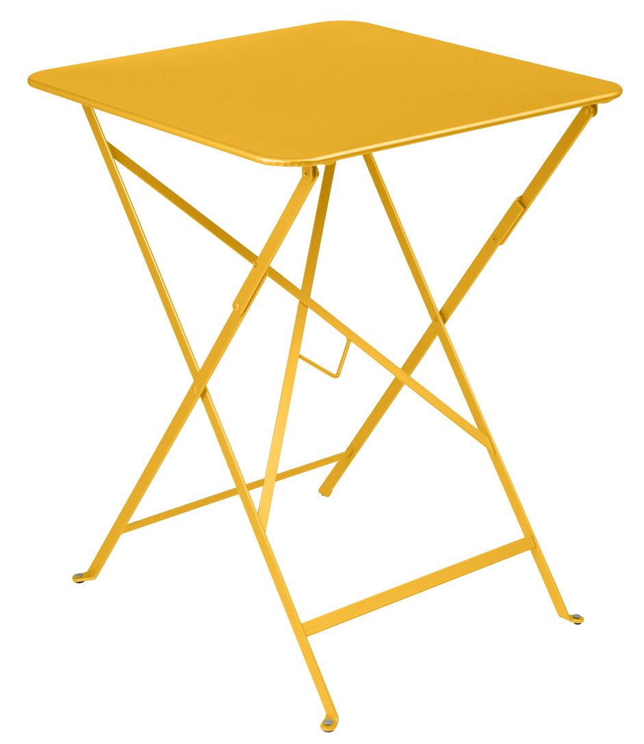 Gelber Fermob Bistro+ Tisch für den Außenbereich, quadratische Tischplatte und klappbares Metallgestell.