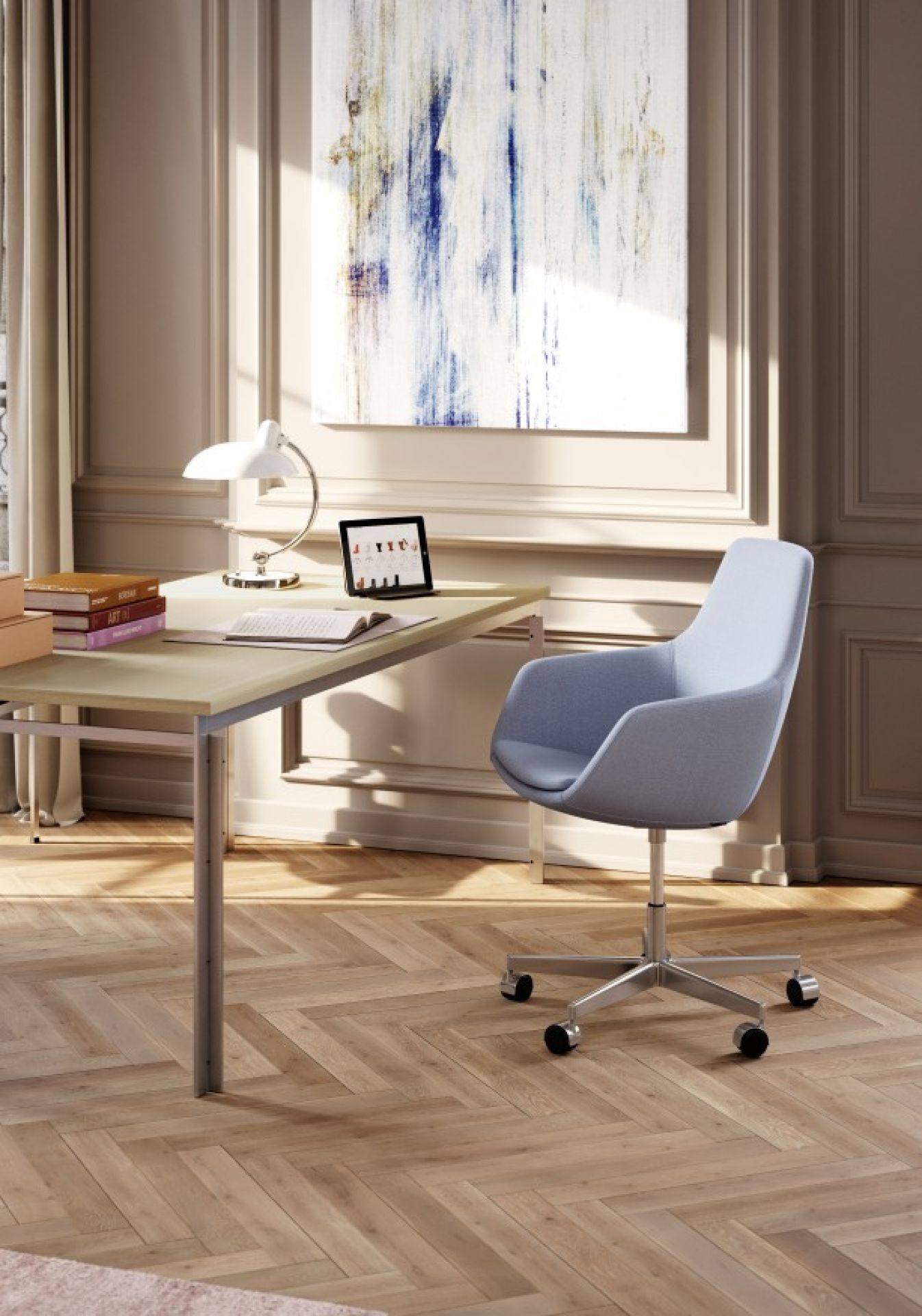 PK55 Esstisch von Fritz Hansen mit Bürostuhl, Schreibtischlampe und abstrakter Kunst in stilvollem Ambiente.