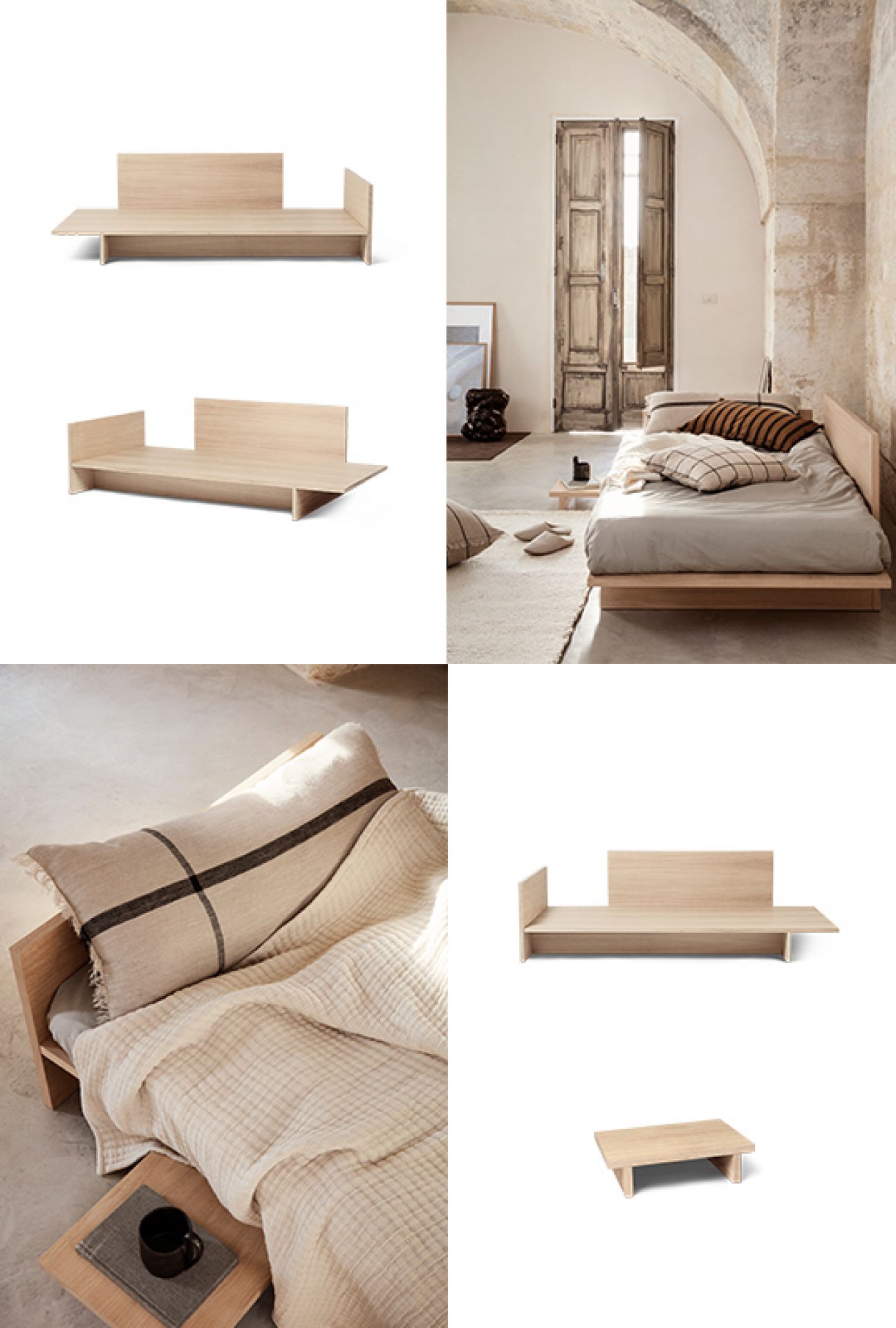 Kollage: Ferm Living Kona Daybed aus hellem Holz, minimalistisches Design, verschiedene Perspektiven und Details.