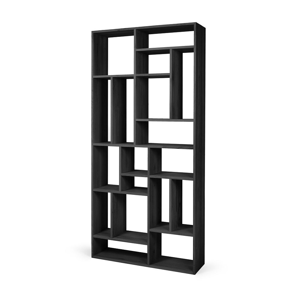 Schwarzes Ethnicraft Regal aus Eiche mit asymmetrischen Fächern für Wohnzimmer oder Büro.