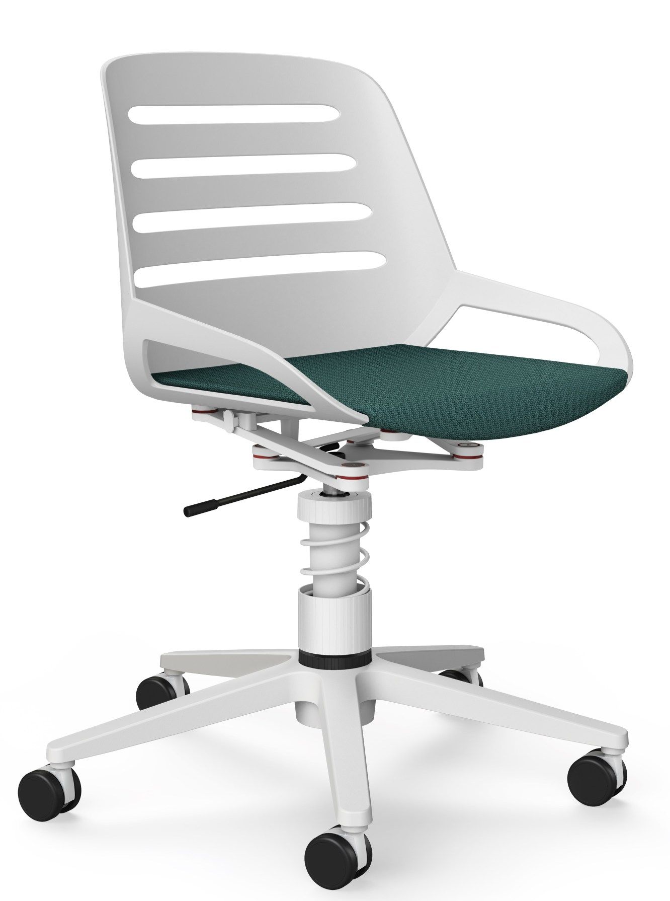 Numo Task Bürodrehstuhl von Aeris, weißes Gestell, grüner Sitz, ergonomischer Bürostuhl mit Rollen.