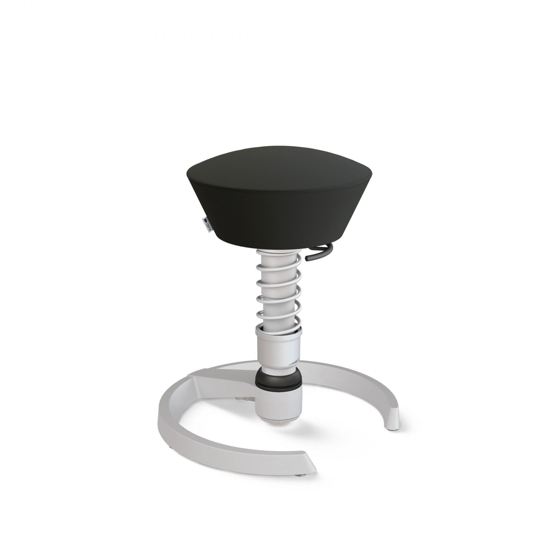 Aeris Swopper Air Aktiv-Hocker in Schwarz mit Federbein und weißem Fußkreuz, ergonomisch und modern.