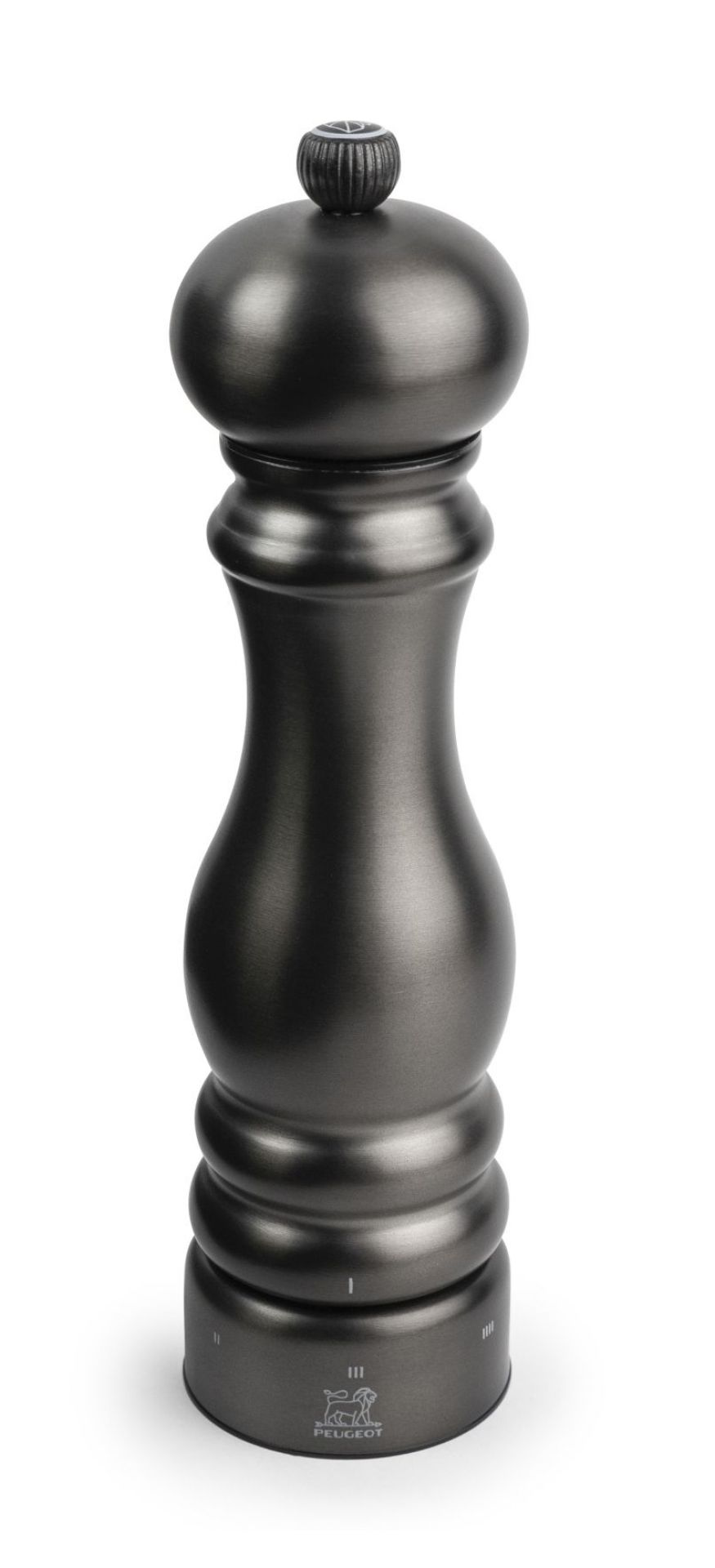 Nahaufnahme der Peugeot Paris Chef Carbon Salzmühle, 22 cm, für Küche und Tisch.