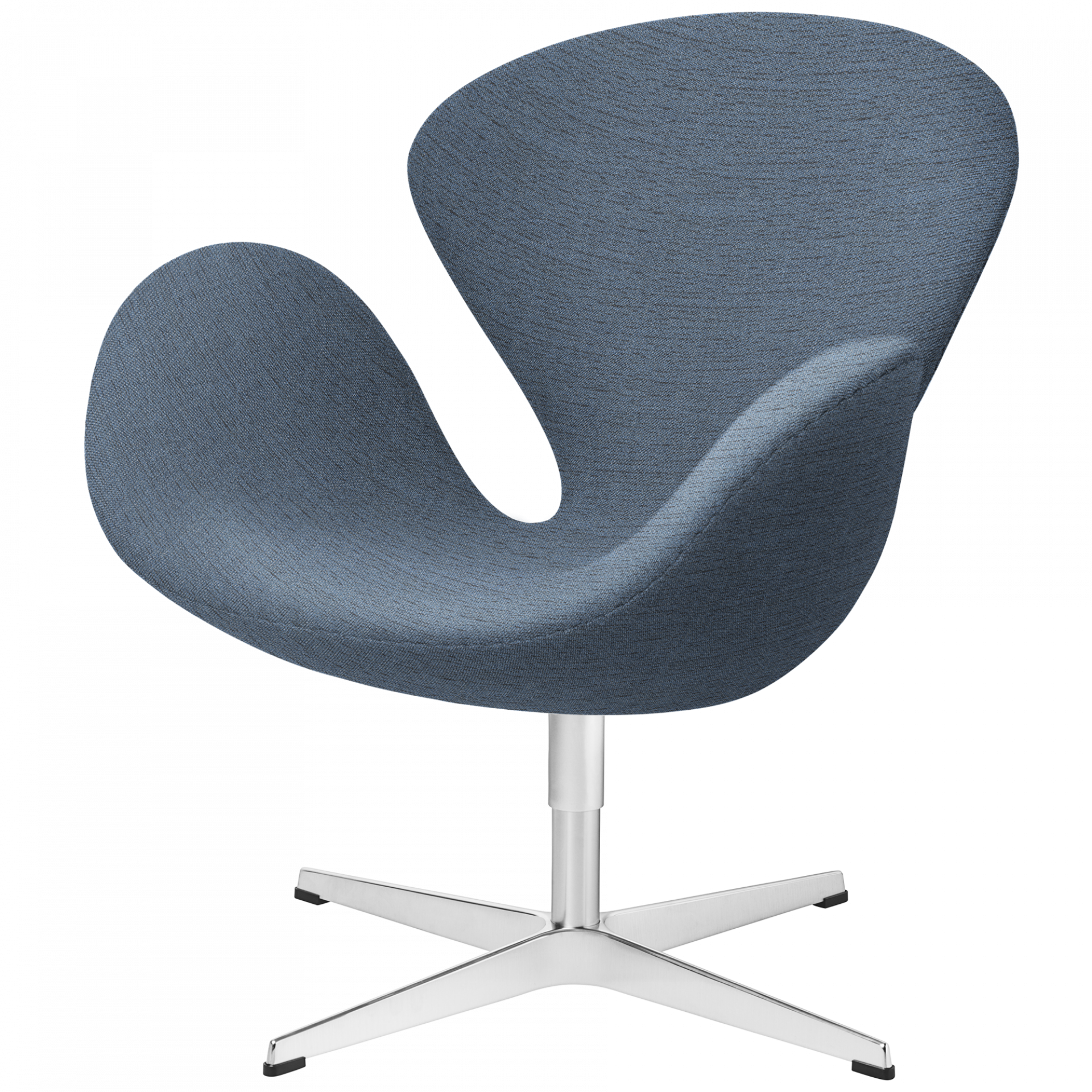 Blauer Schwan Sessel mit Drehfuß aus Metall, Designklassiker für modernes Wohnen.