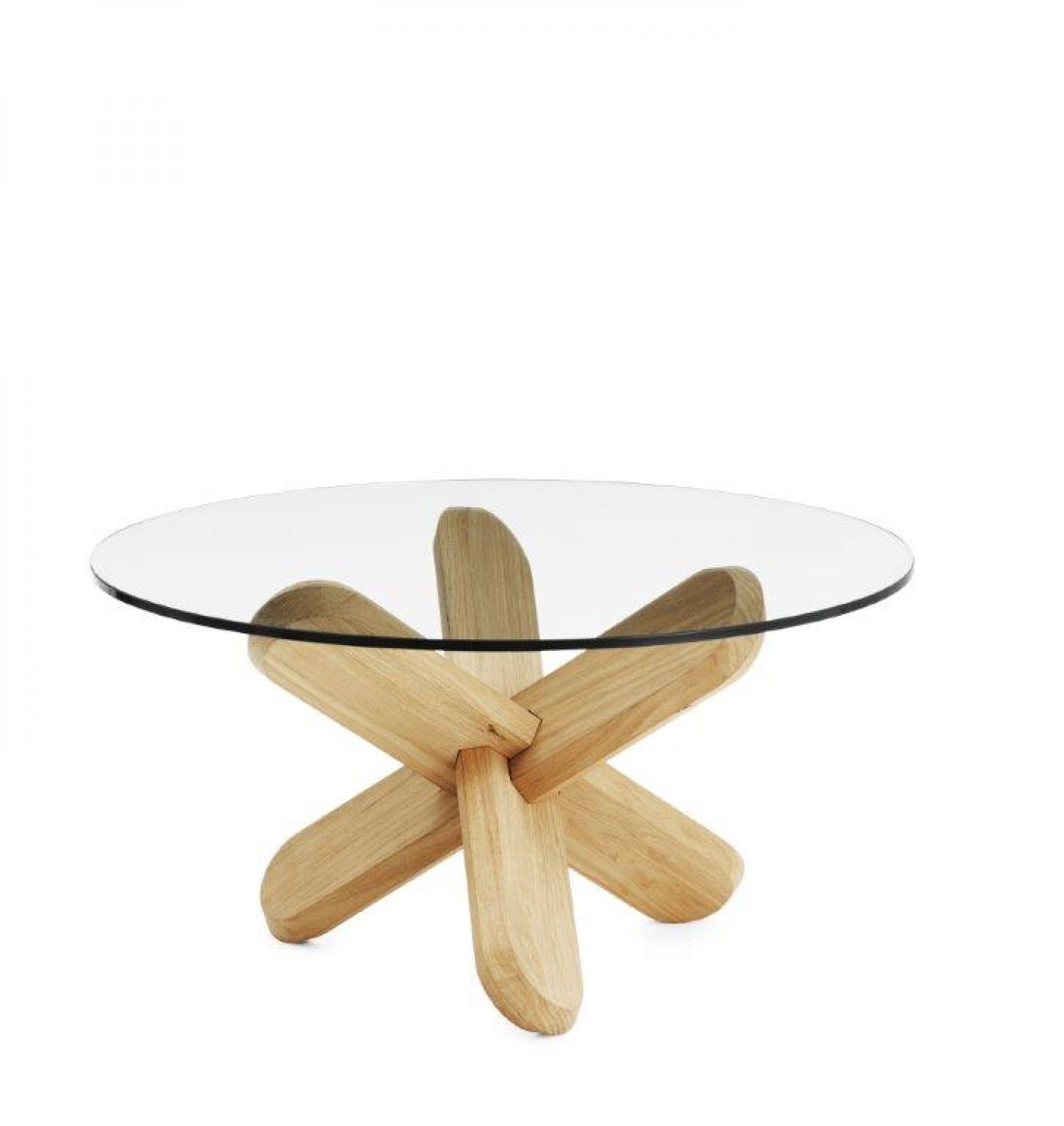 Normann Copenhagen Ding Table mit Glasplatte und einzigartigem Holzfuß Design. Moderner Couchtisch für Wohnzimmer.