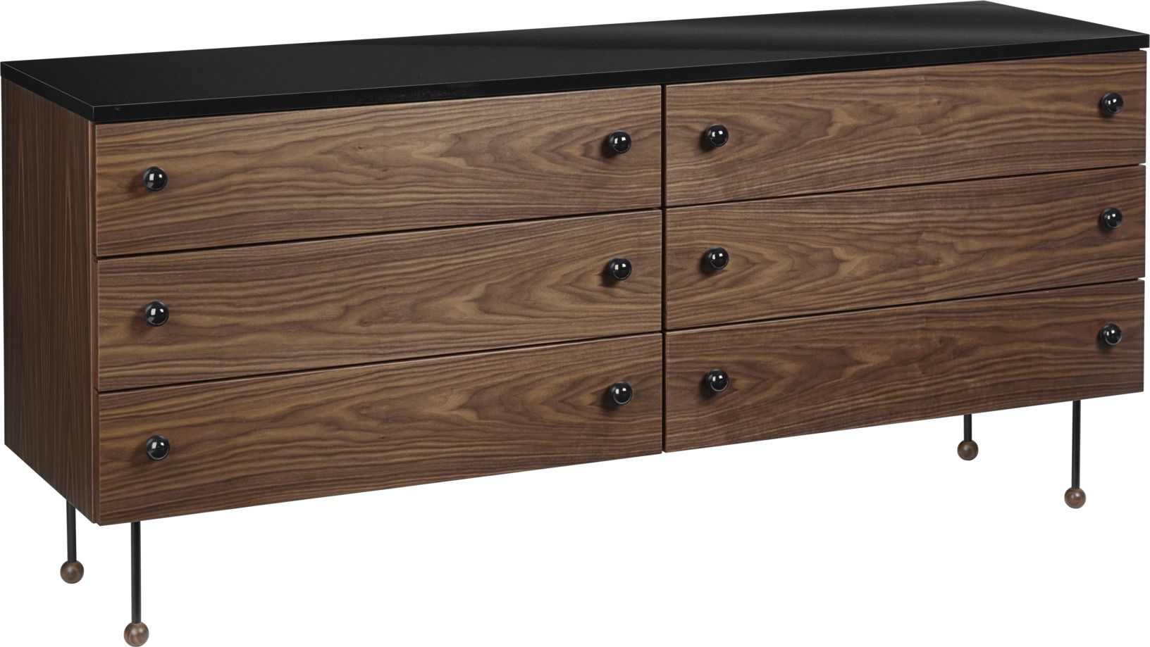 Gubi Sideboard 62 aus Nussbaum mit schwarzer Platte und sechs Schubladen. Design Sideboard.