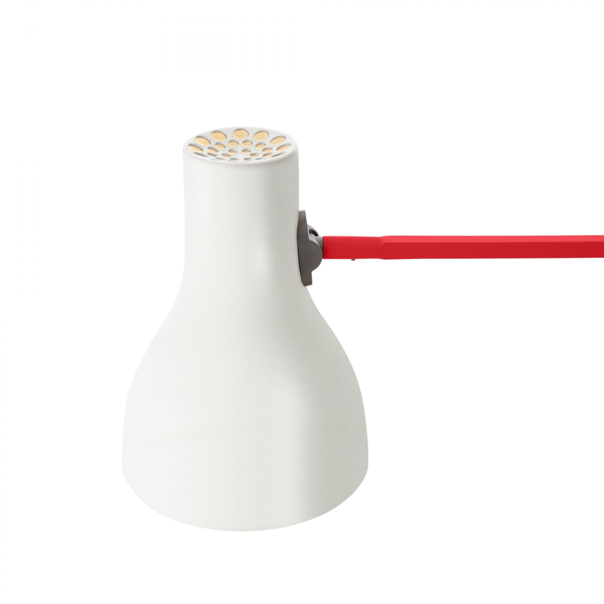 Detailaufnahme der Anglepoise Type 75 Mini Paul Smith Edition 3 Tischleuchte in Weiß und Rot.
