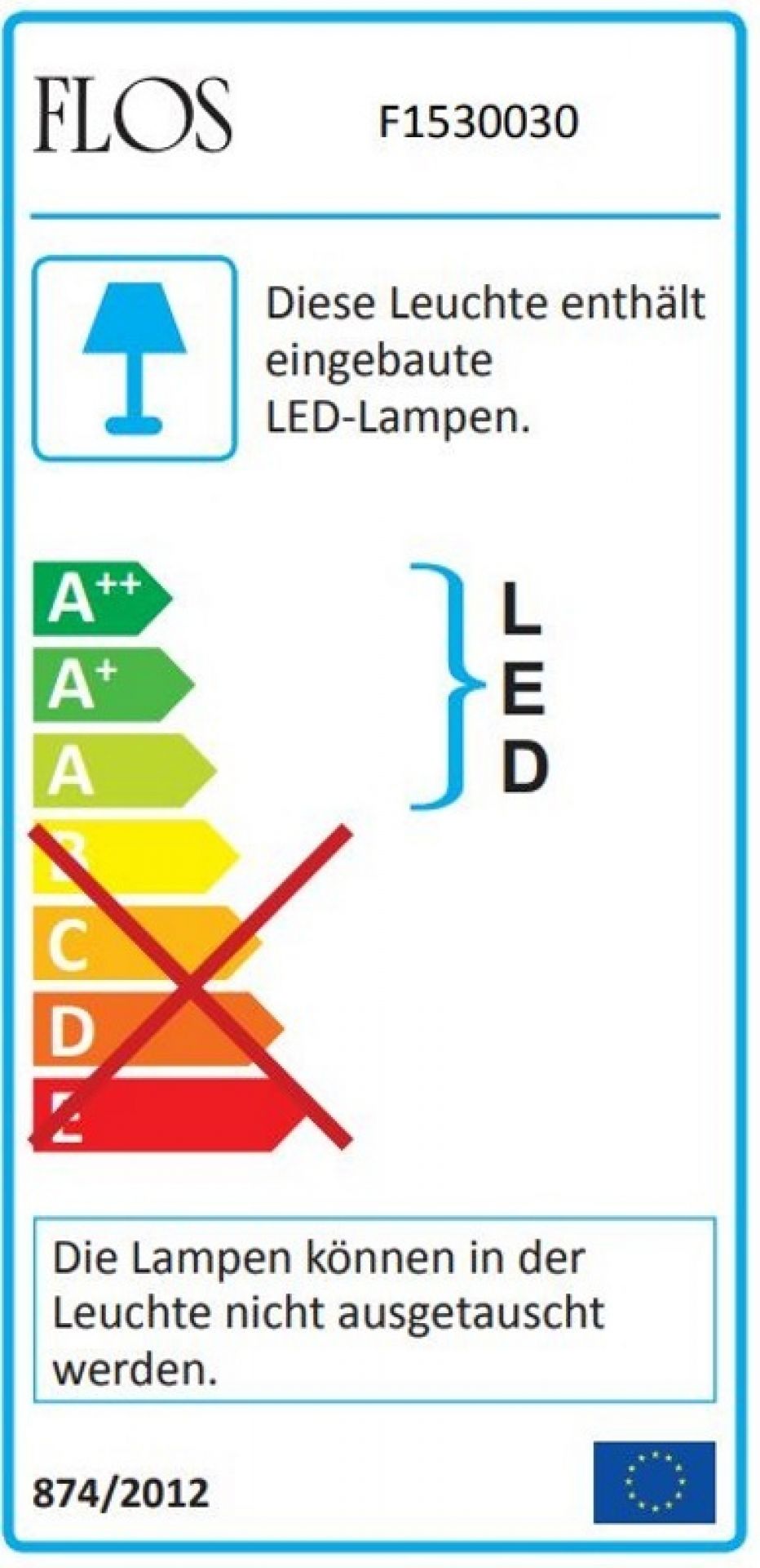 Energieetikett der Flos Captain Flint LED Stehleuchte, das die Energieeffizienzklasse A++ bis E zeigt.