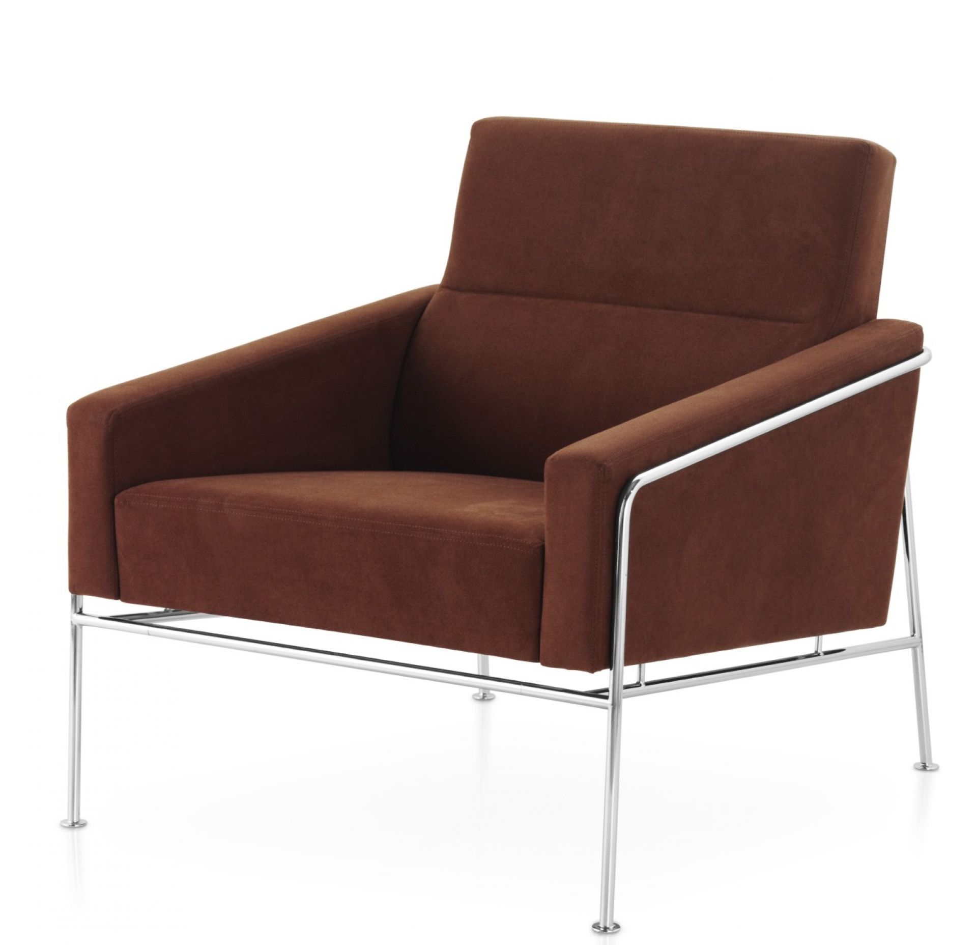 Brauner Sessel Serie 3300 von Fritz Hansen mit Chromgestell, moderner Lounge Sessel für Wohnzimmer.
