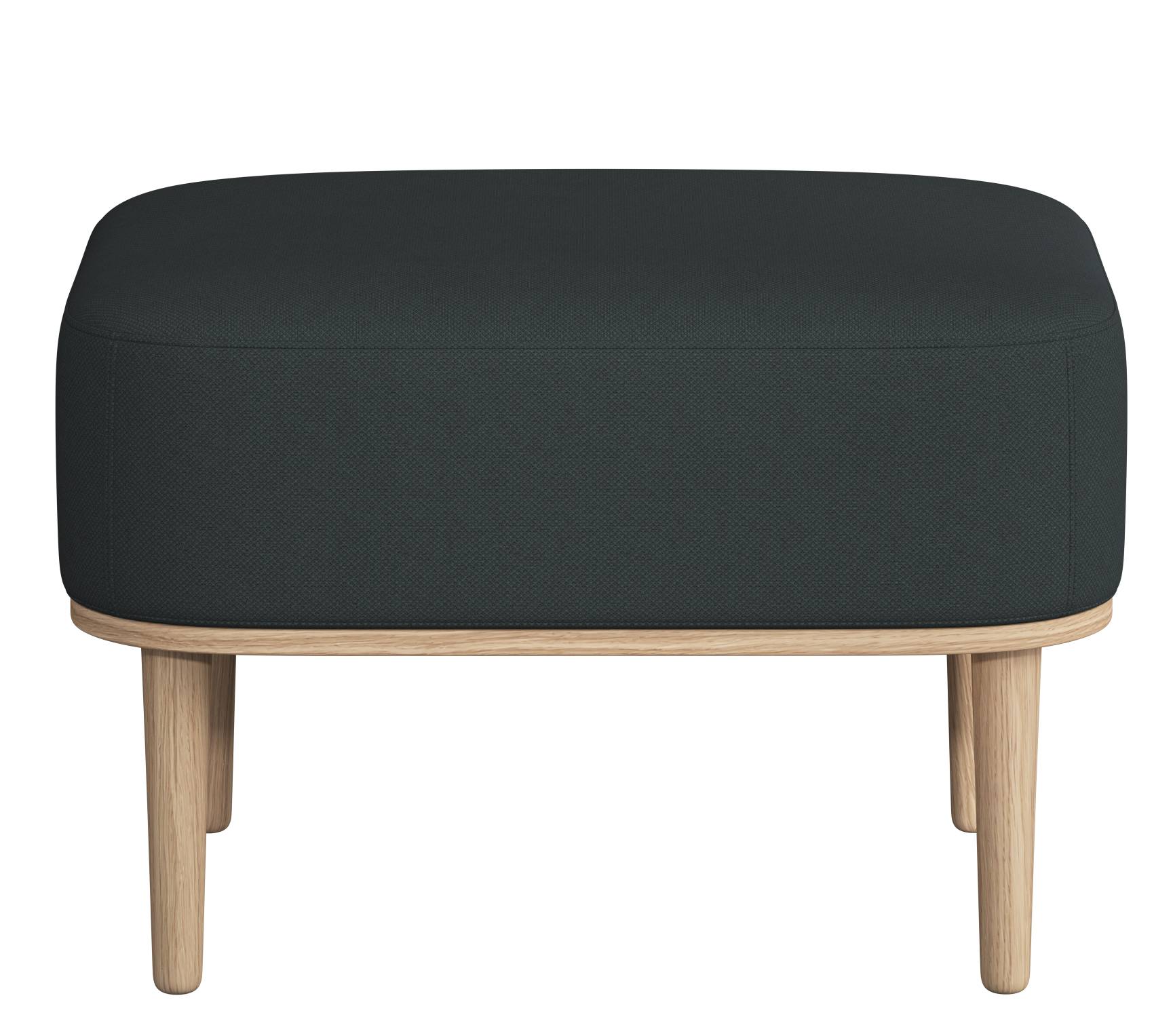 Serena Pouf Ottoman mit Eichenholzbeinen und grauem Stoffbezug. Hocker für Wohnzimmer und Schlafzimmer.