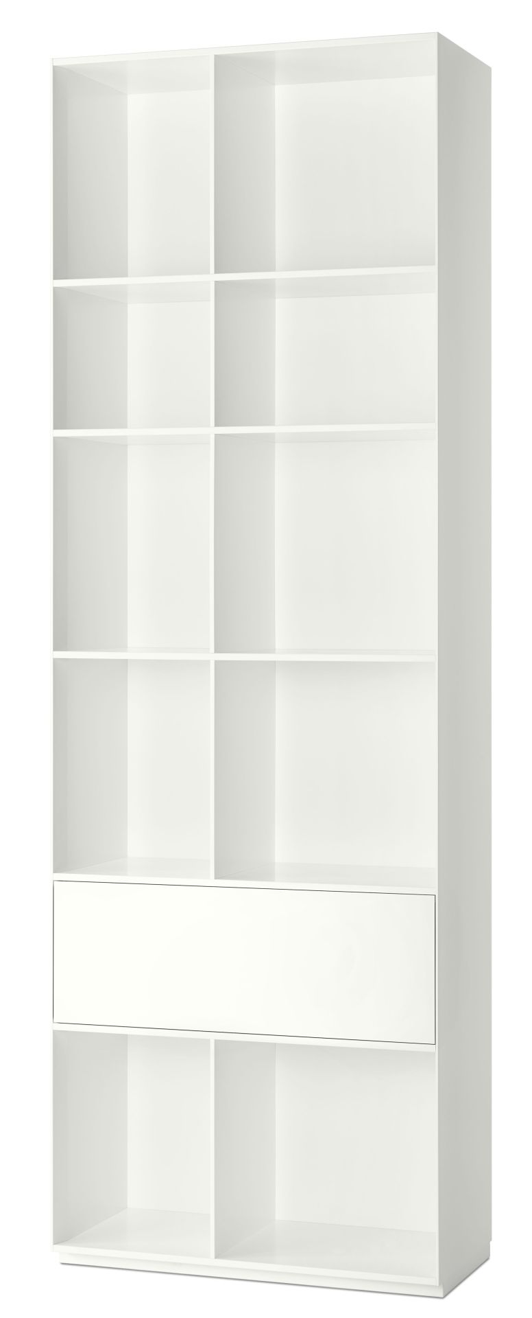 Weißes Nex Pur Regal von Piure mit Schublade und offenen Fächern für Wohnzimmer oder Büro.